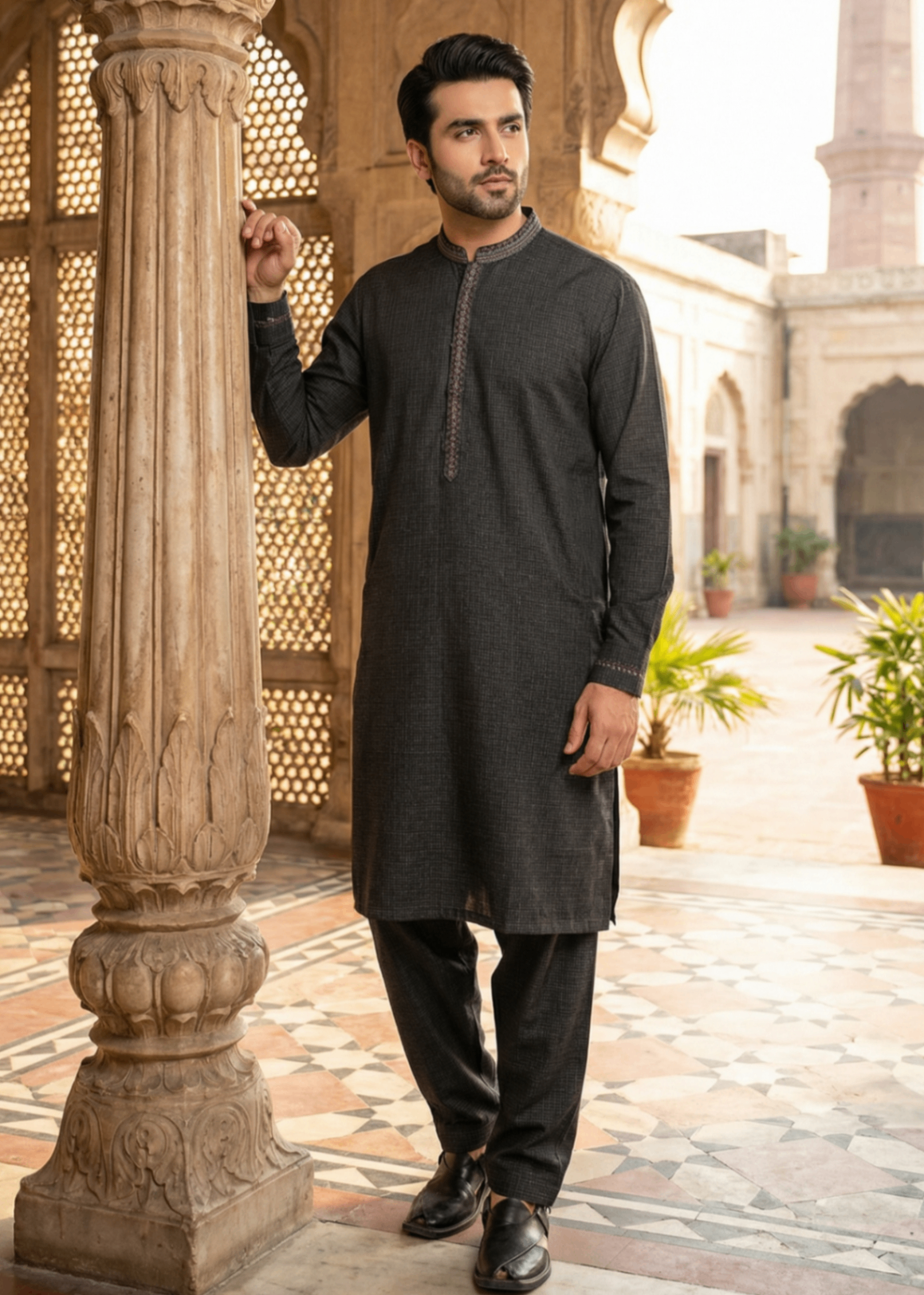 textured wash & wear Kurta Set in Iron grey