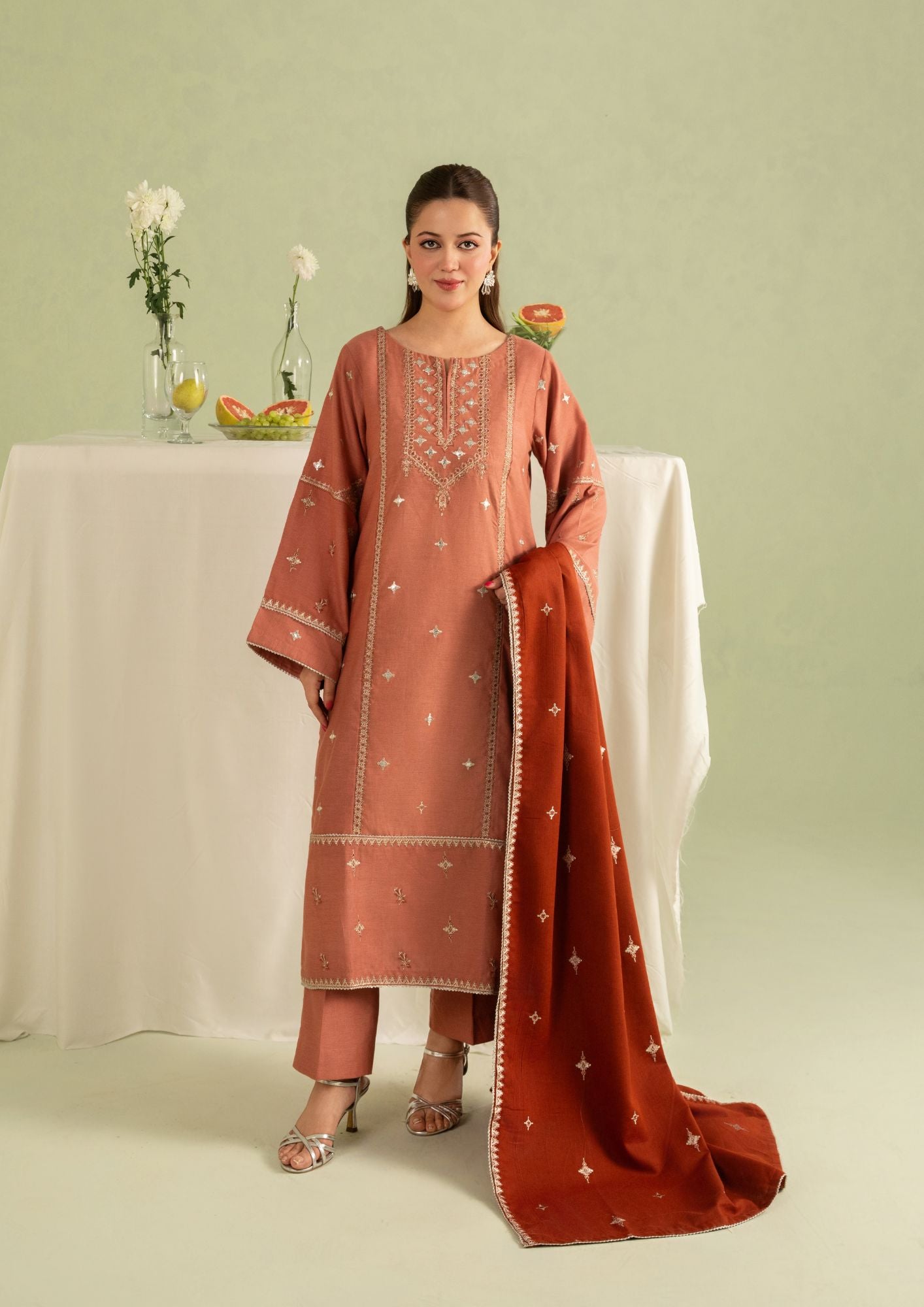 dhanak Kurta Set in Coral pink