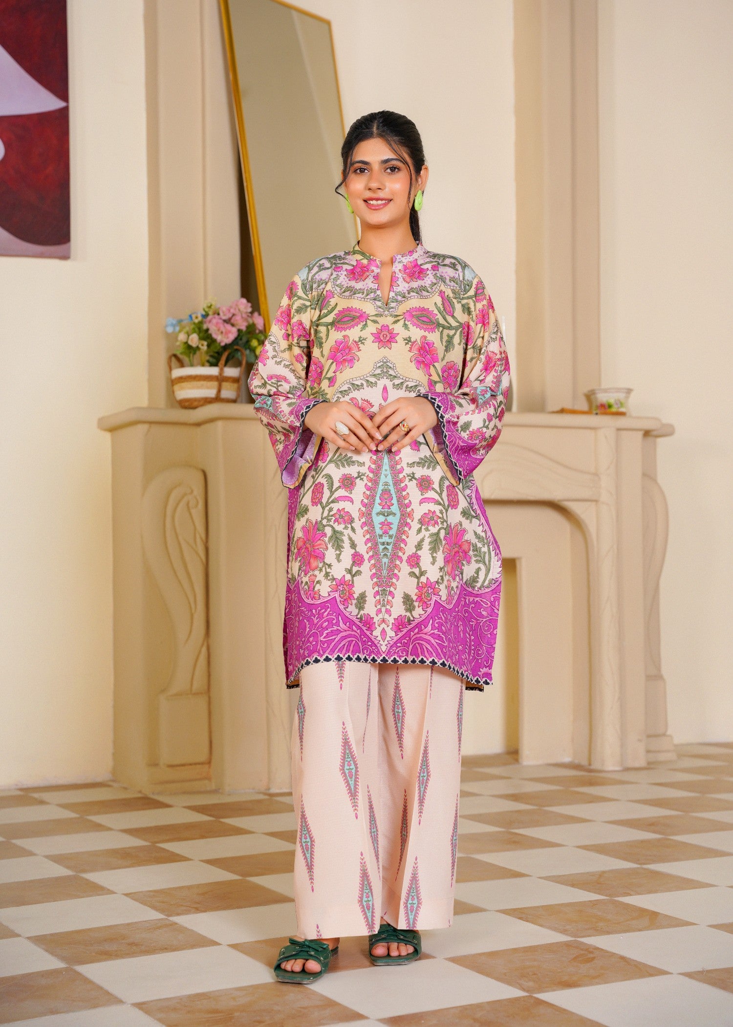 slub cambric Kurta Set in Vanilla