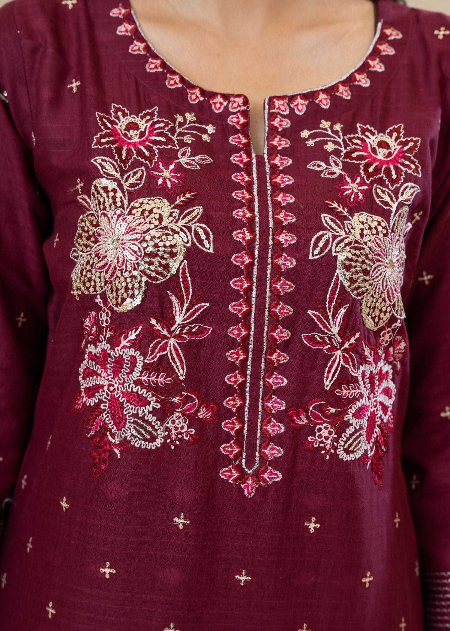 cotton jacquard Kurta Set in Wine