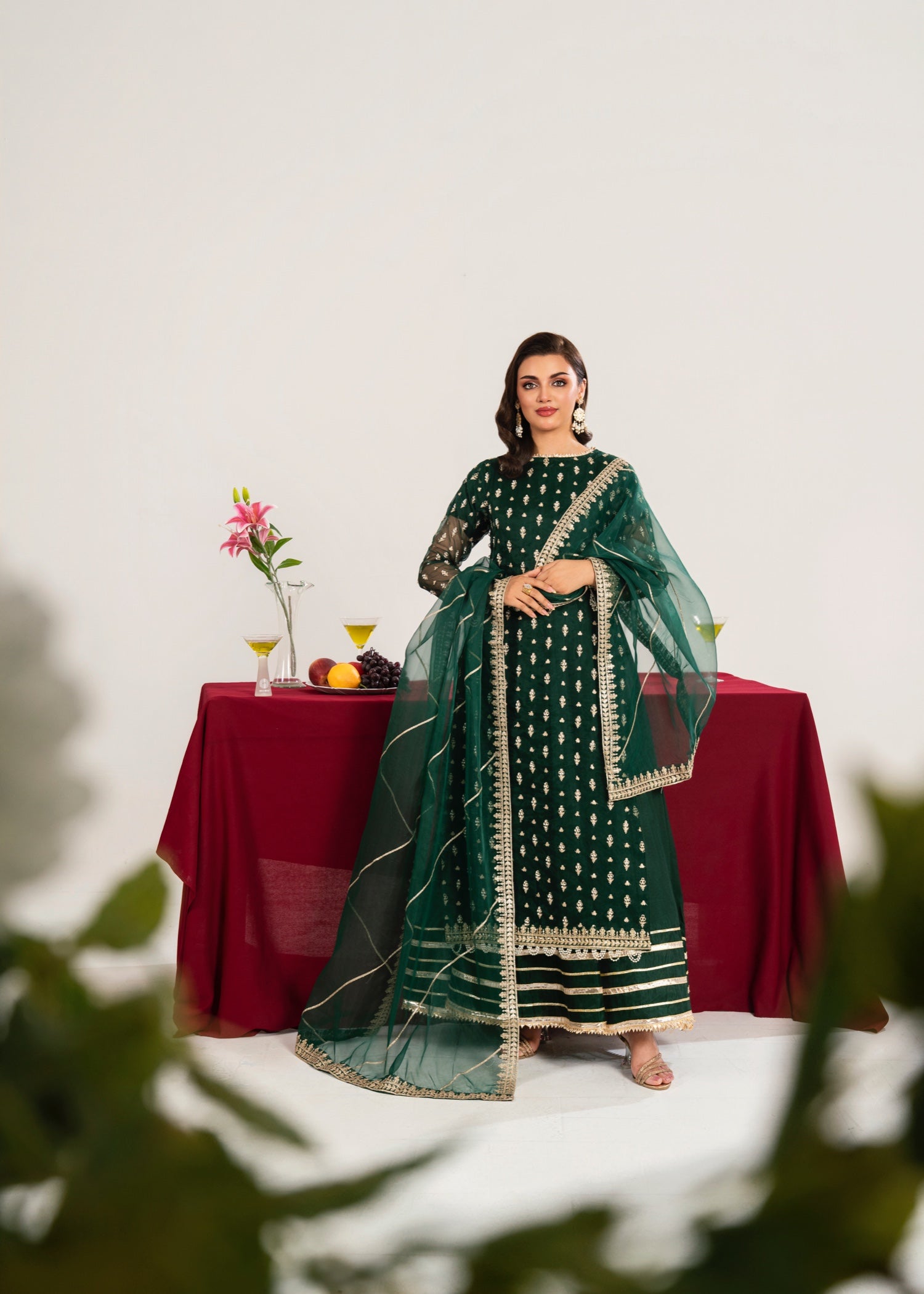 kattan silk Pishwas in Dark green