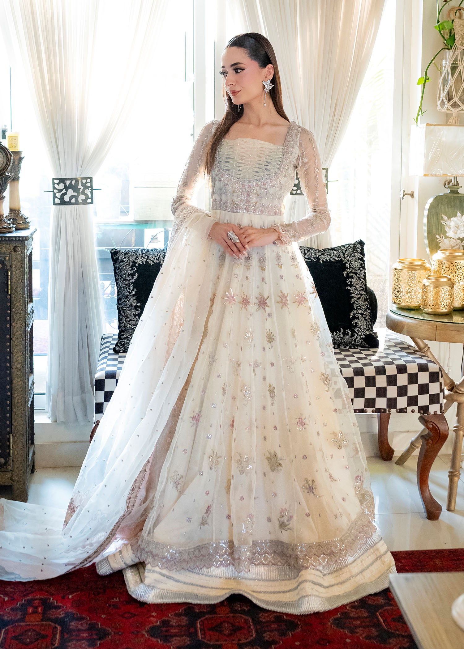 organza Pishwas in White