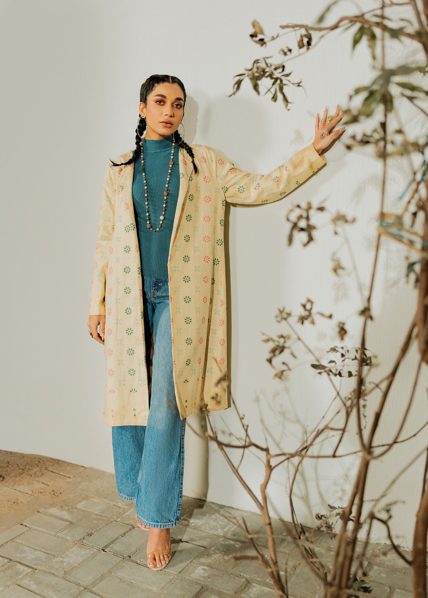 slub khaddar Jacket in Cream