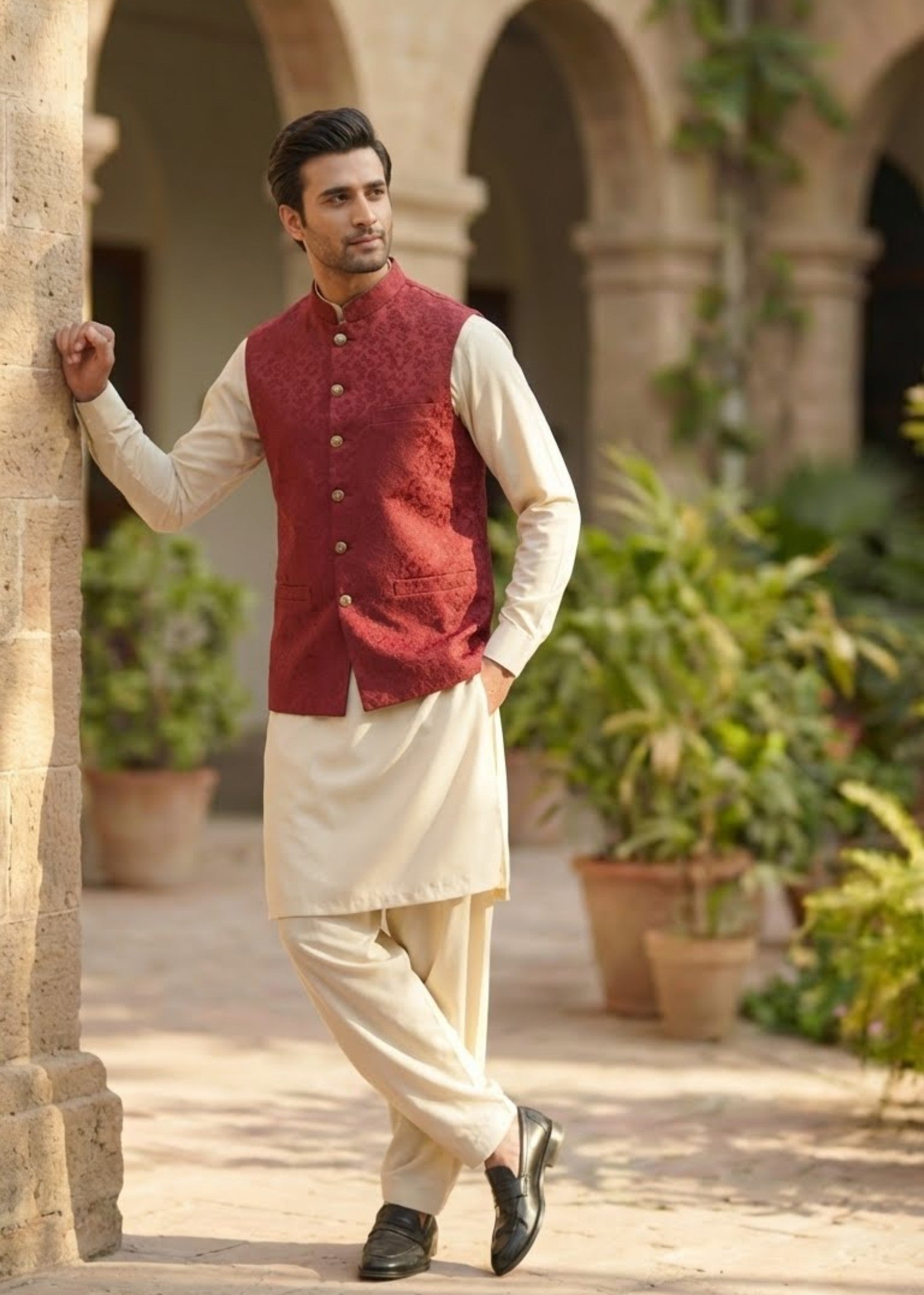 traditional jamawar Waistcoat in Maroon