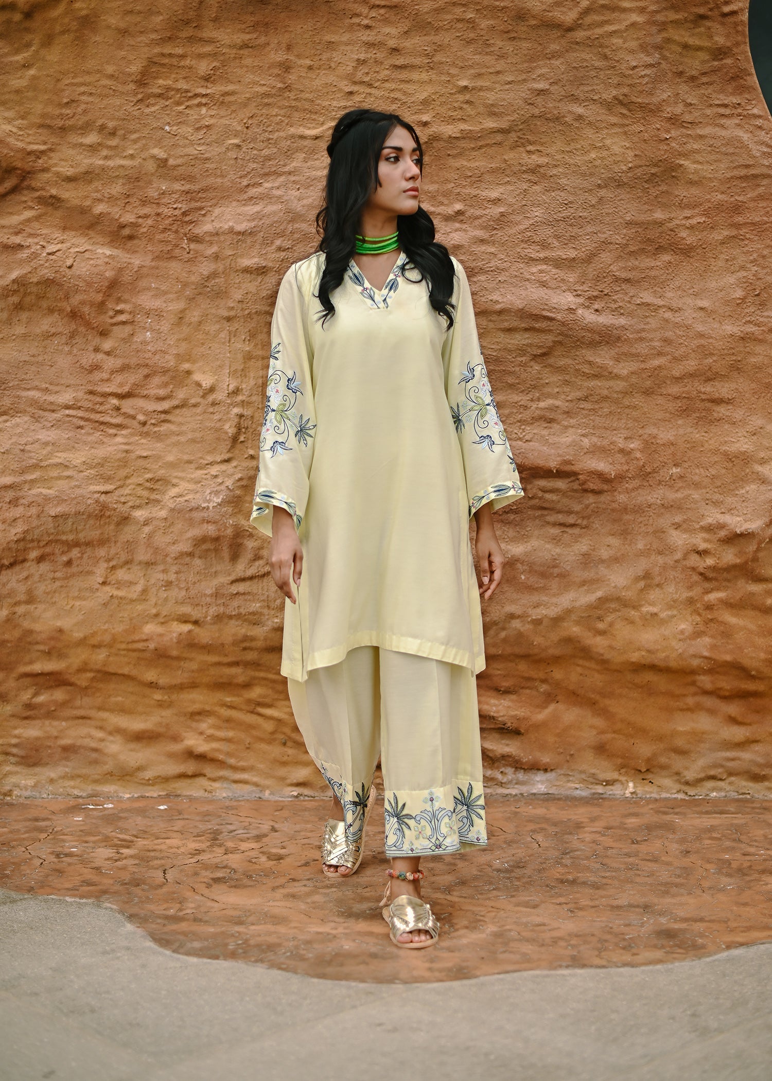 cotton viscose Kurta Set in Light yellow