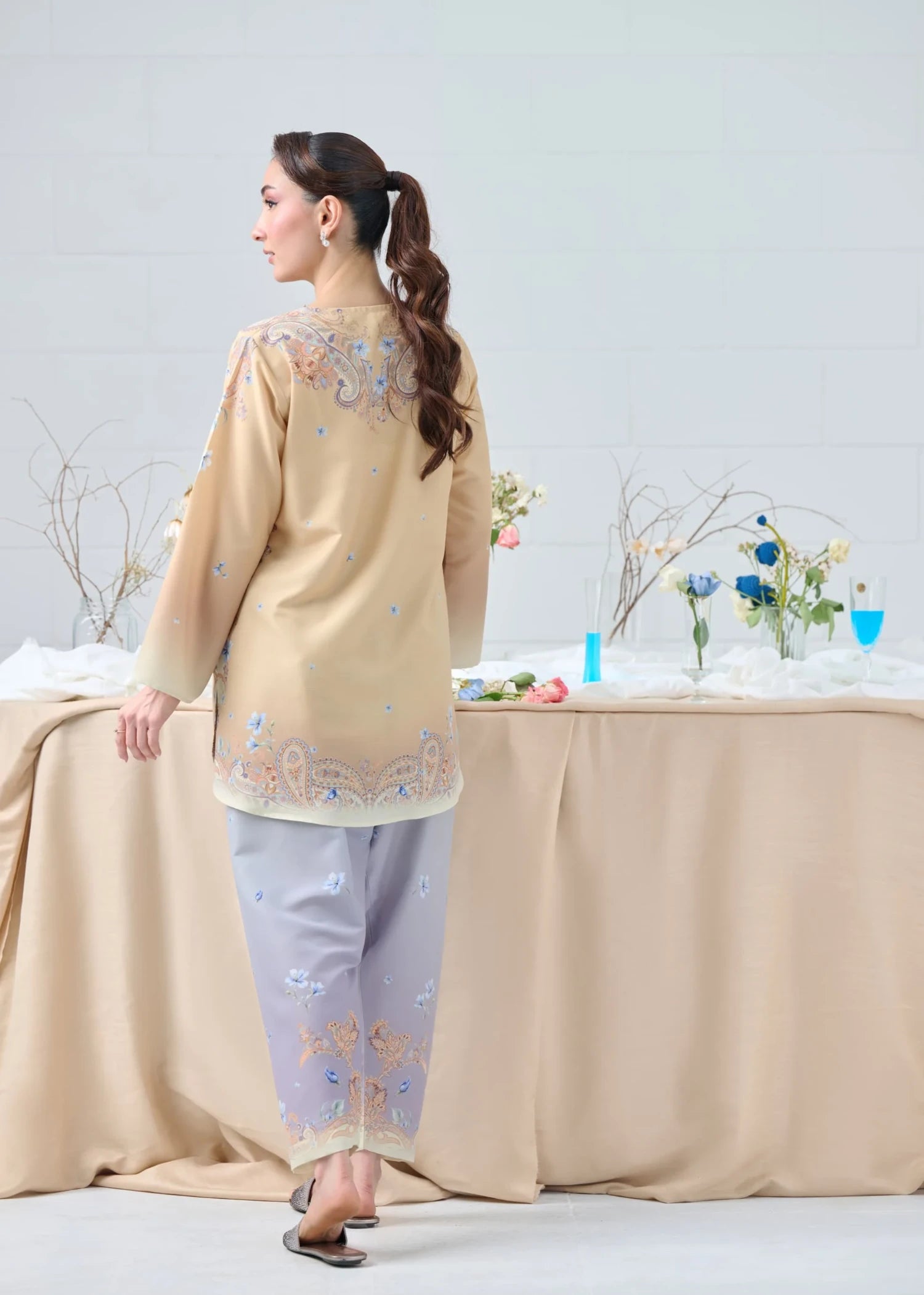 raw silk Kurta Set in Beige, ice blue