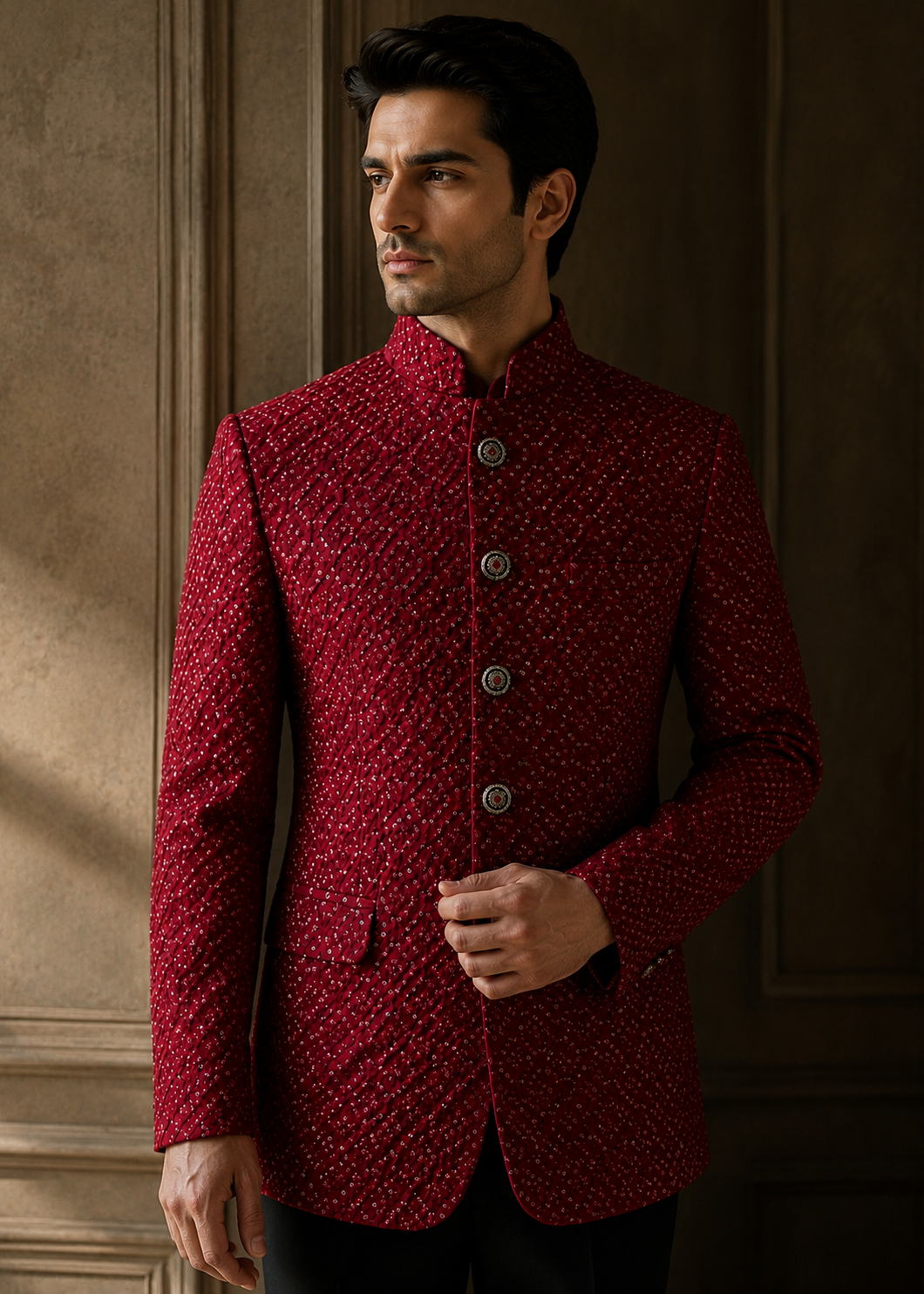 raw silk Prince Coat in Red, maroon