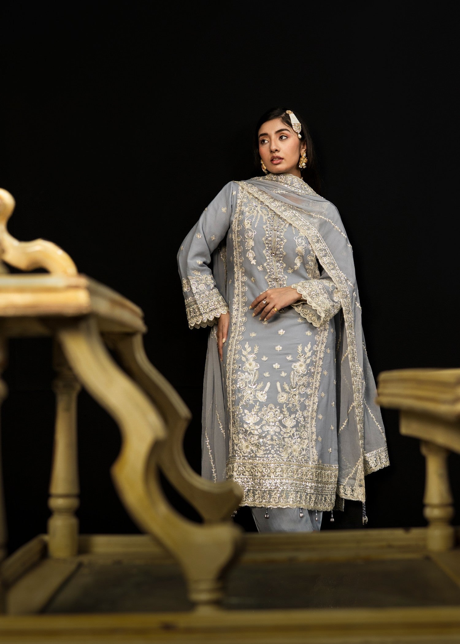 crinkle chiffon Kurta Set in Grey