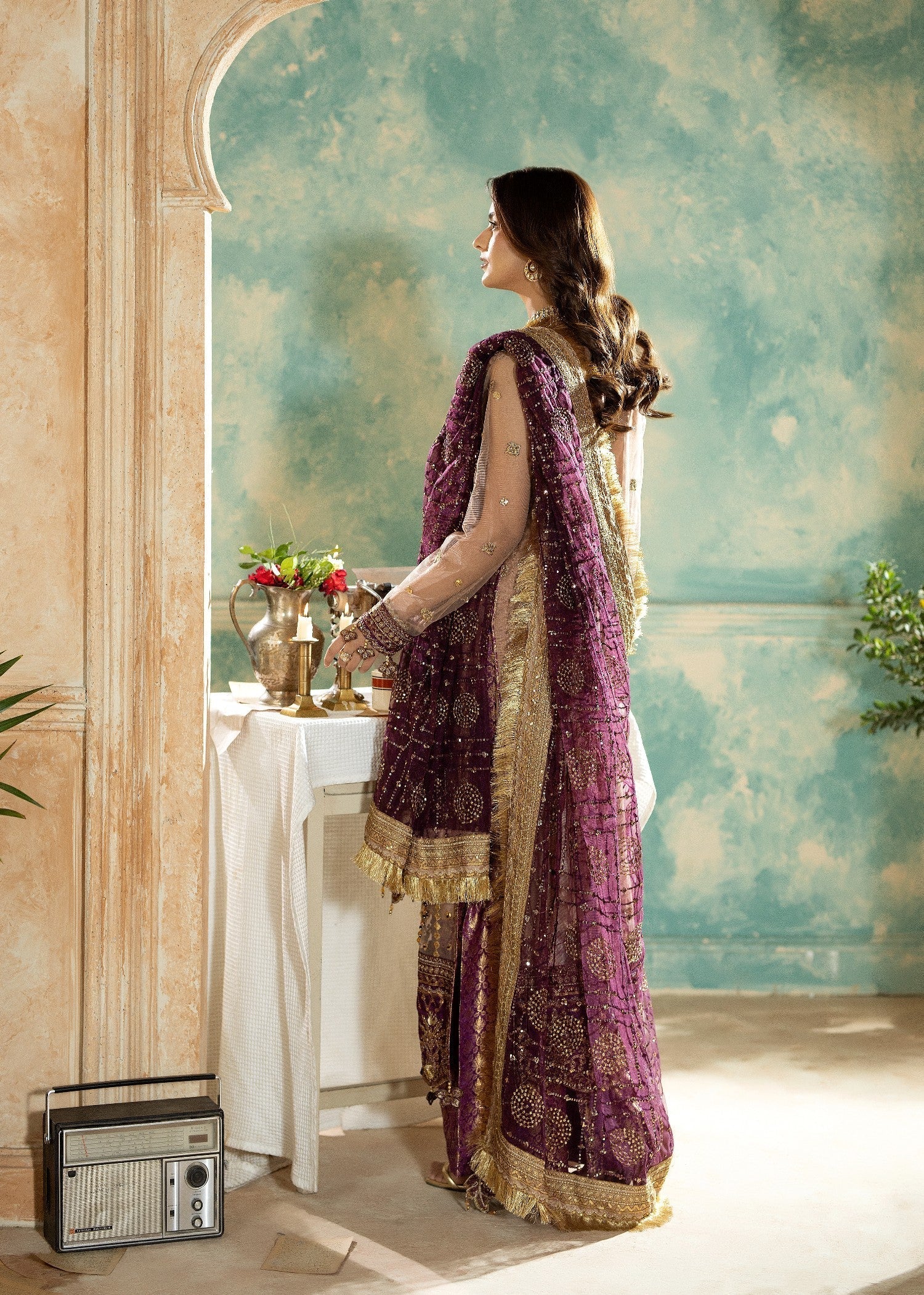 net Kurta Set in Peach pink