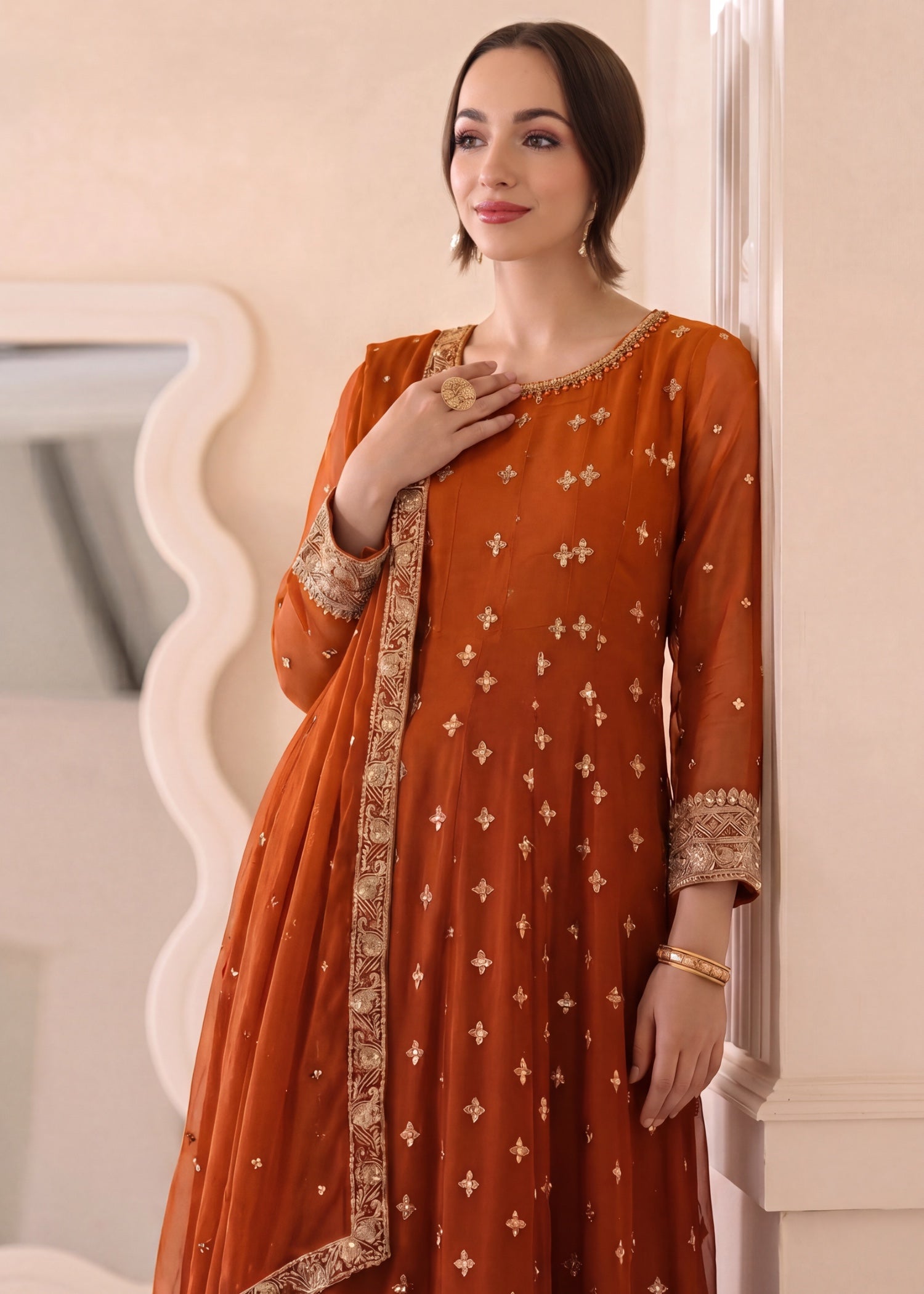 chiffon Pishwas in Rust orange