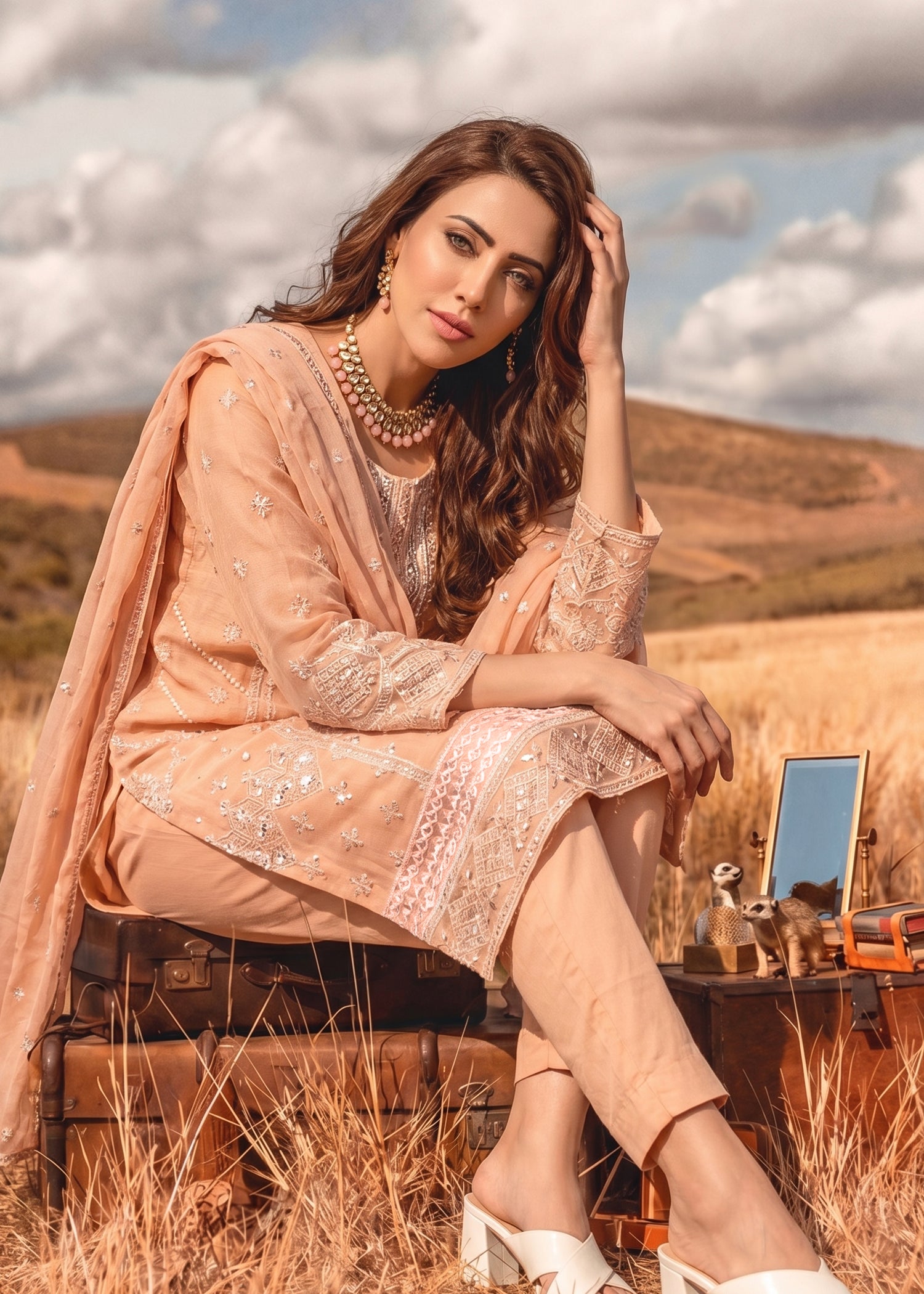 chiffon Kurta Set in Marmalade orange