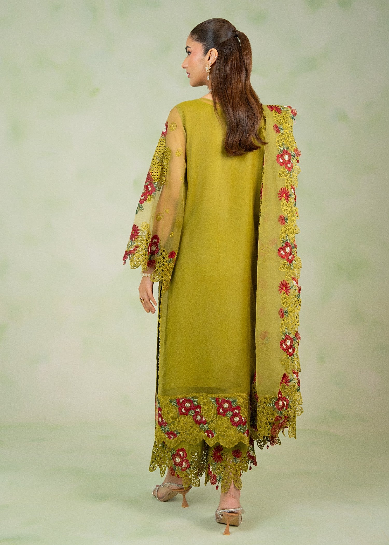 organza Kurta Set in Yellow green