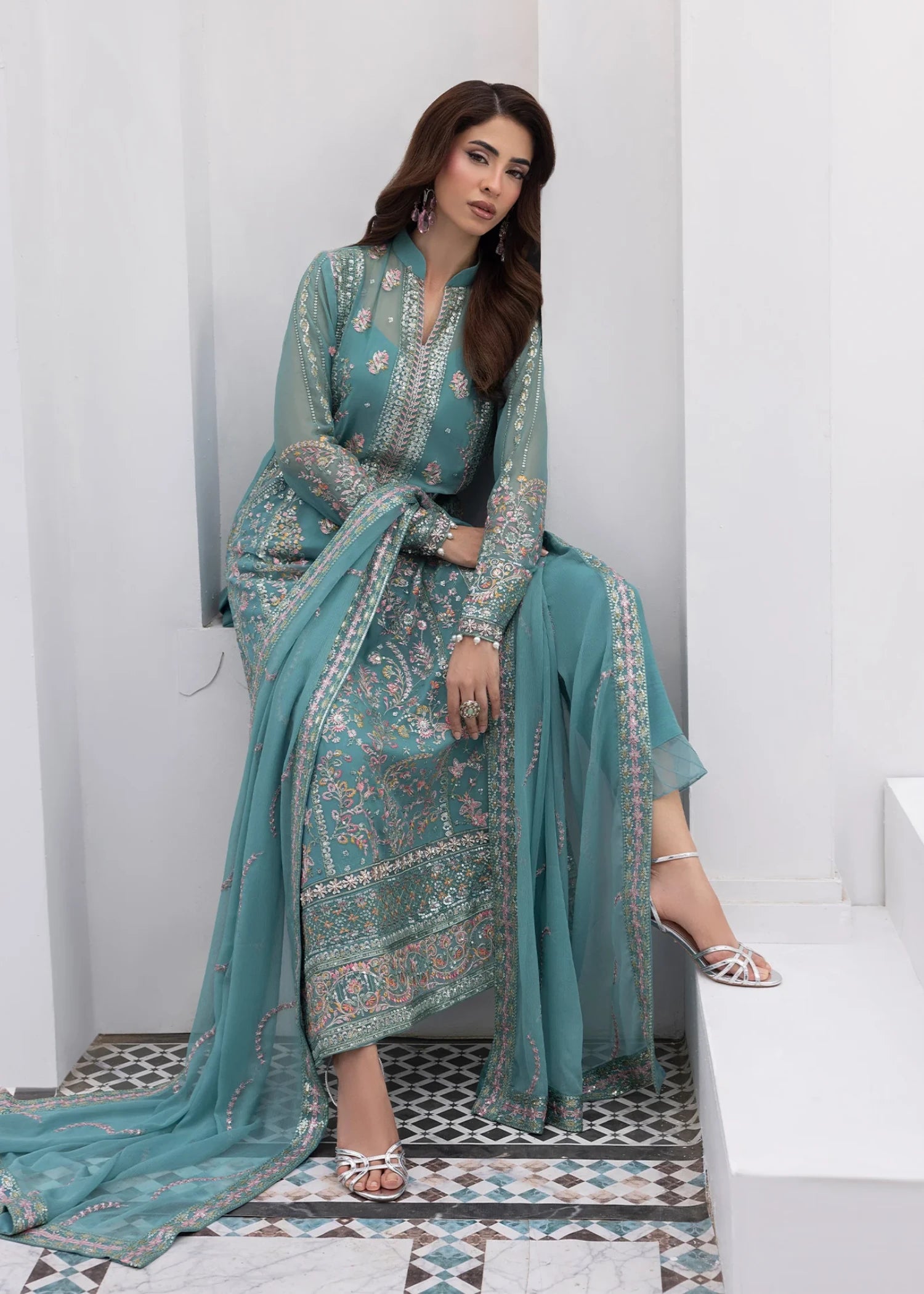 chiffon Kurta Set in Ice blue