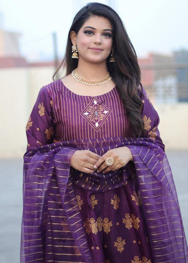 satin silk Anarkali in Purple