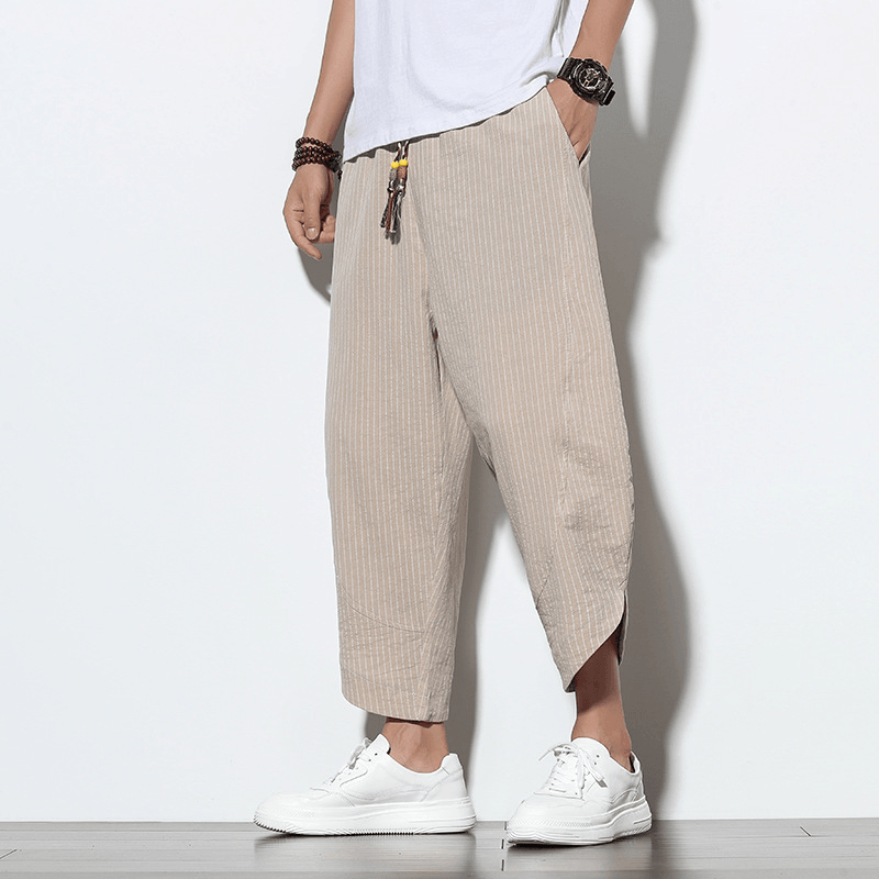 Chinese Style Cotton and Linen Pants Striped plus Size Loose Harem Bloomers Men