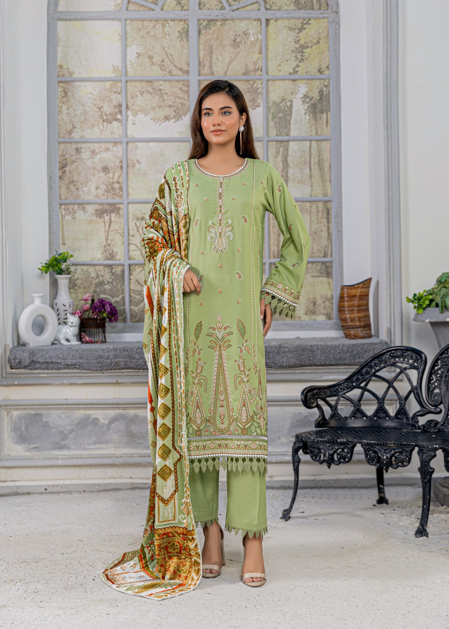 dhanak Unstitched in Pistachio green