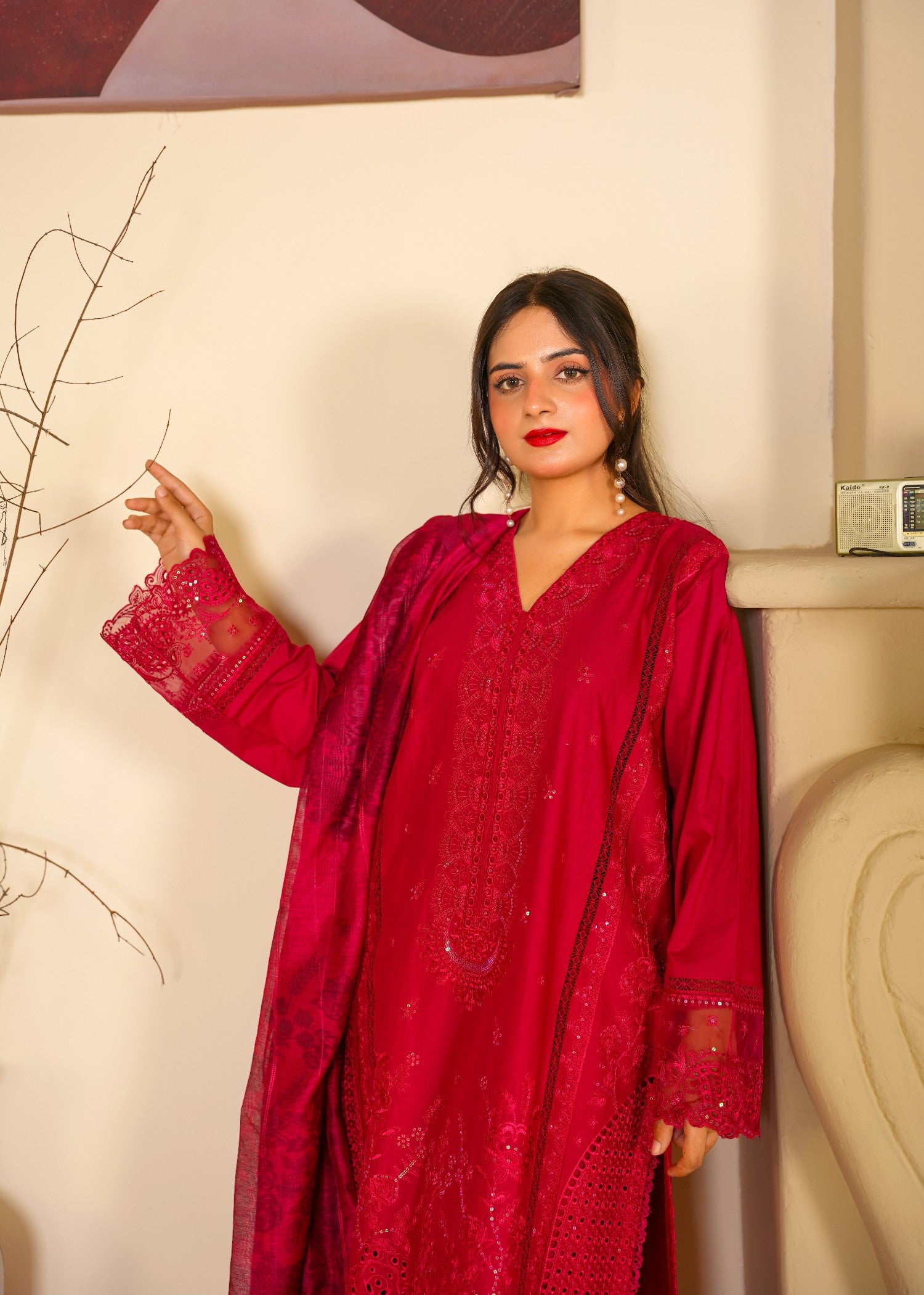 arabic lawn Kurta Set in Cherry red