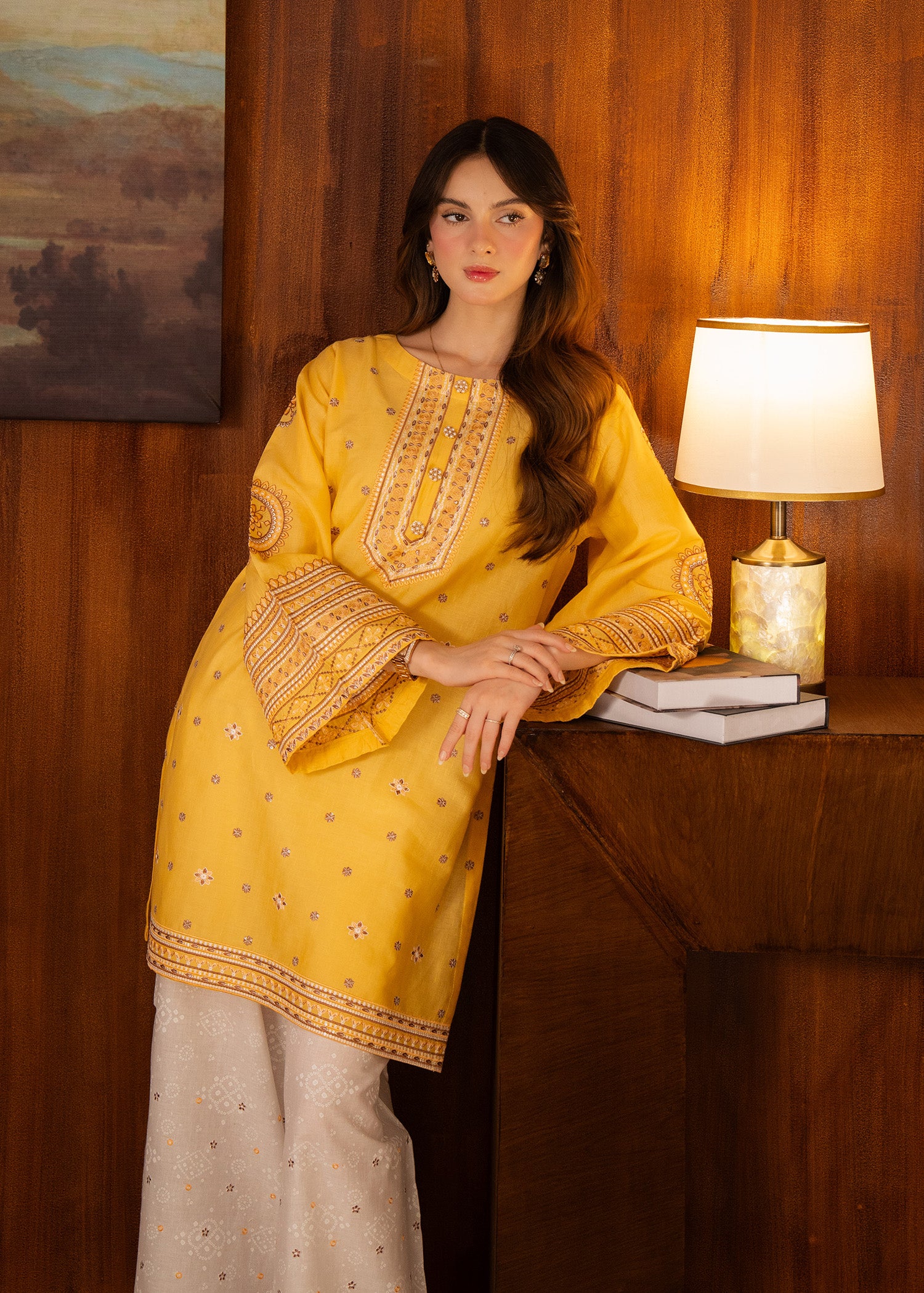 lawn Kurta Set in Yellow, white