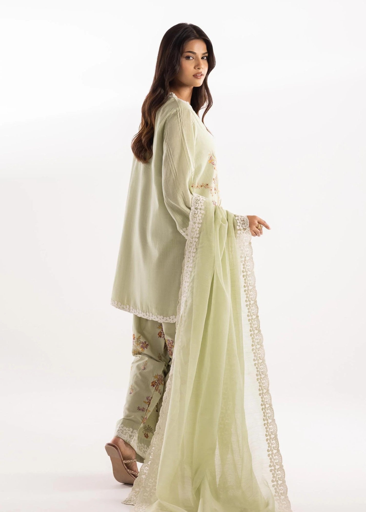 slub lawn Kurta Set in Pastel green