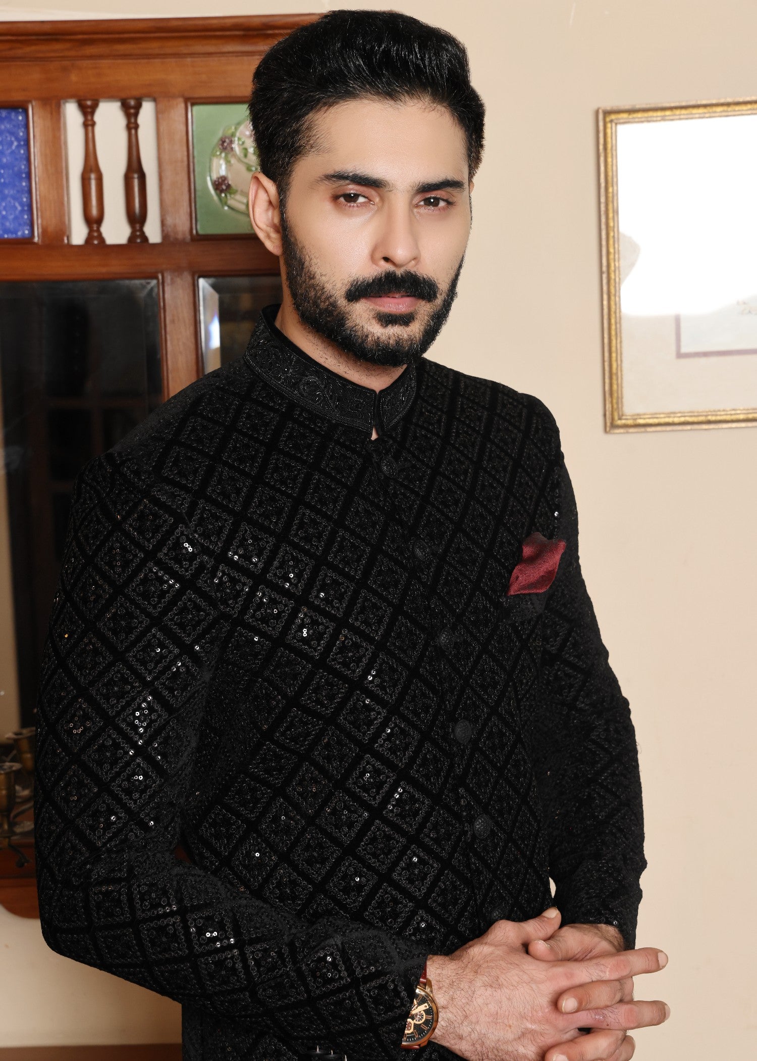 velvet Sherwani in Black