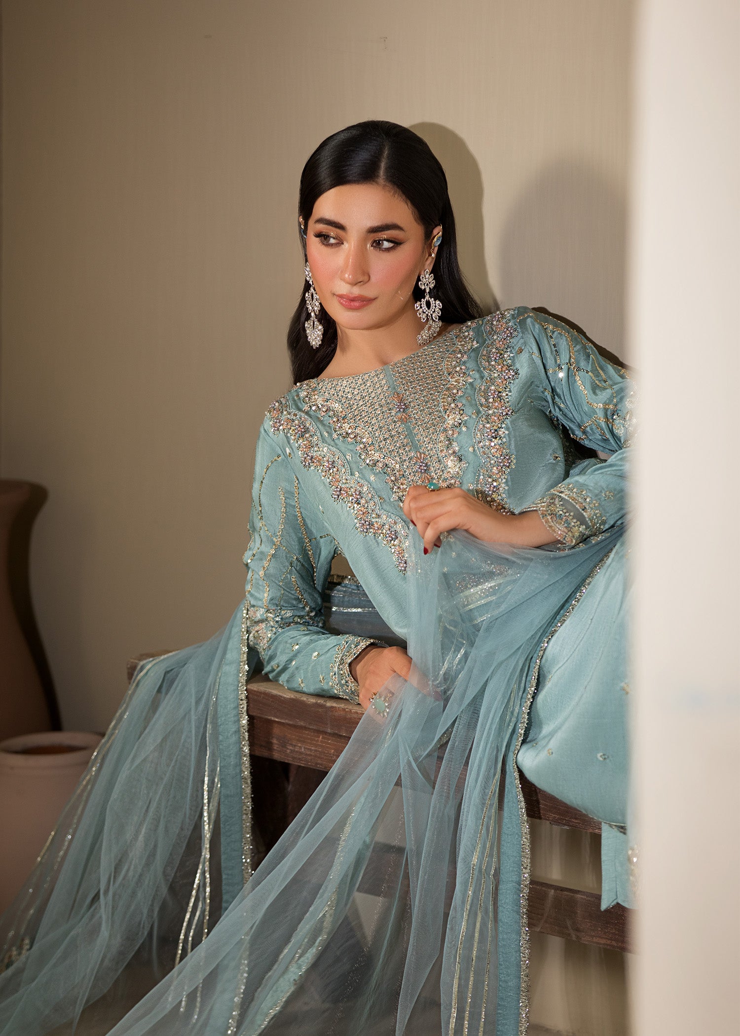 raw silk Kurta Set in Ice blue