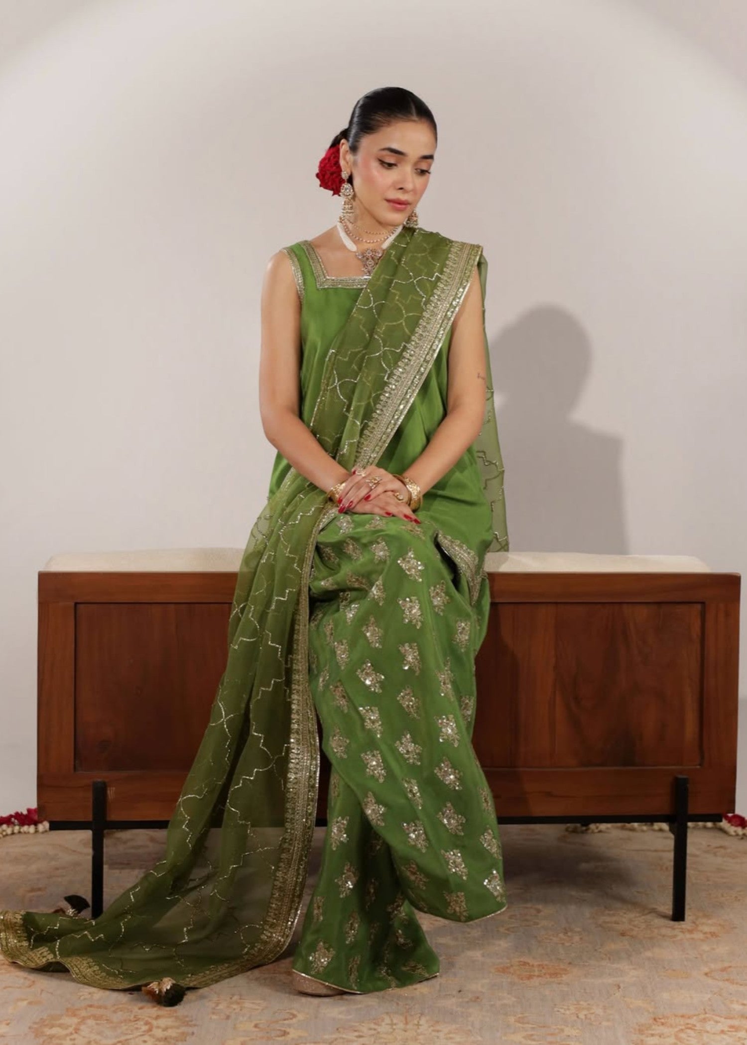 raw silk Kurta Set in Apple green
