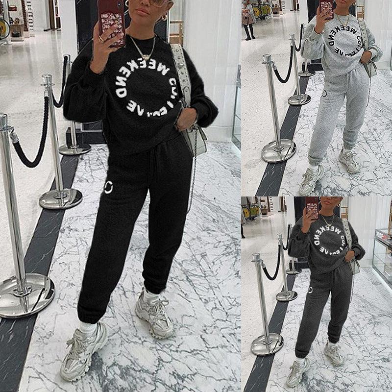 Letter Print Long-Sleeved Loose Casual Sweater Suit