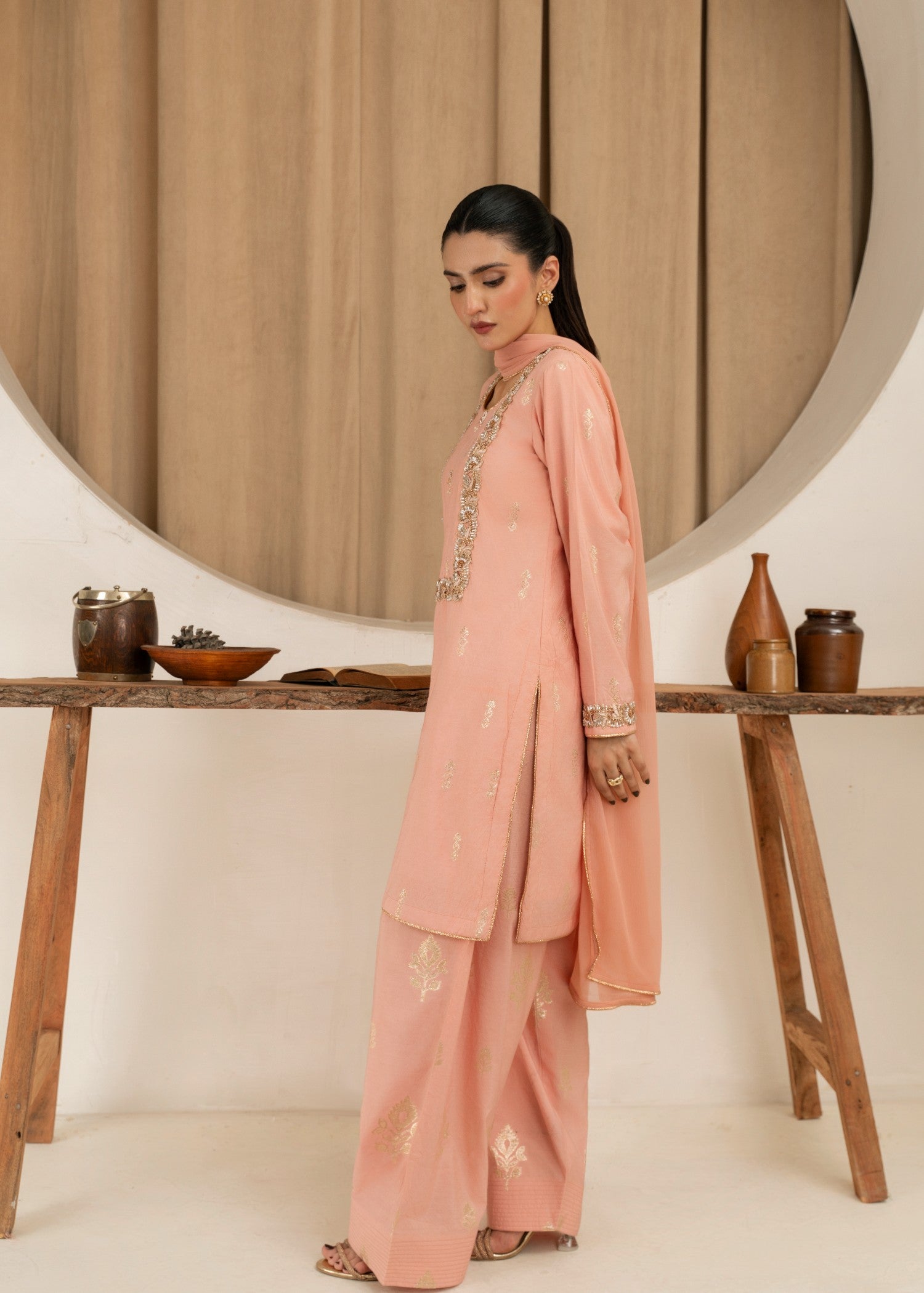jamawar Kurta Set in Peach pink