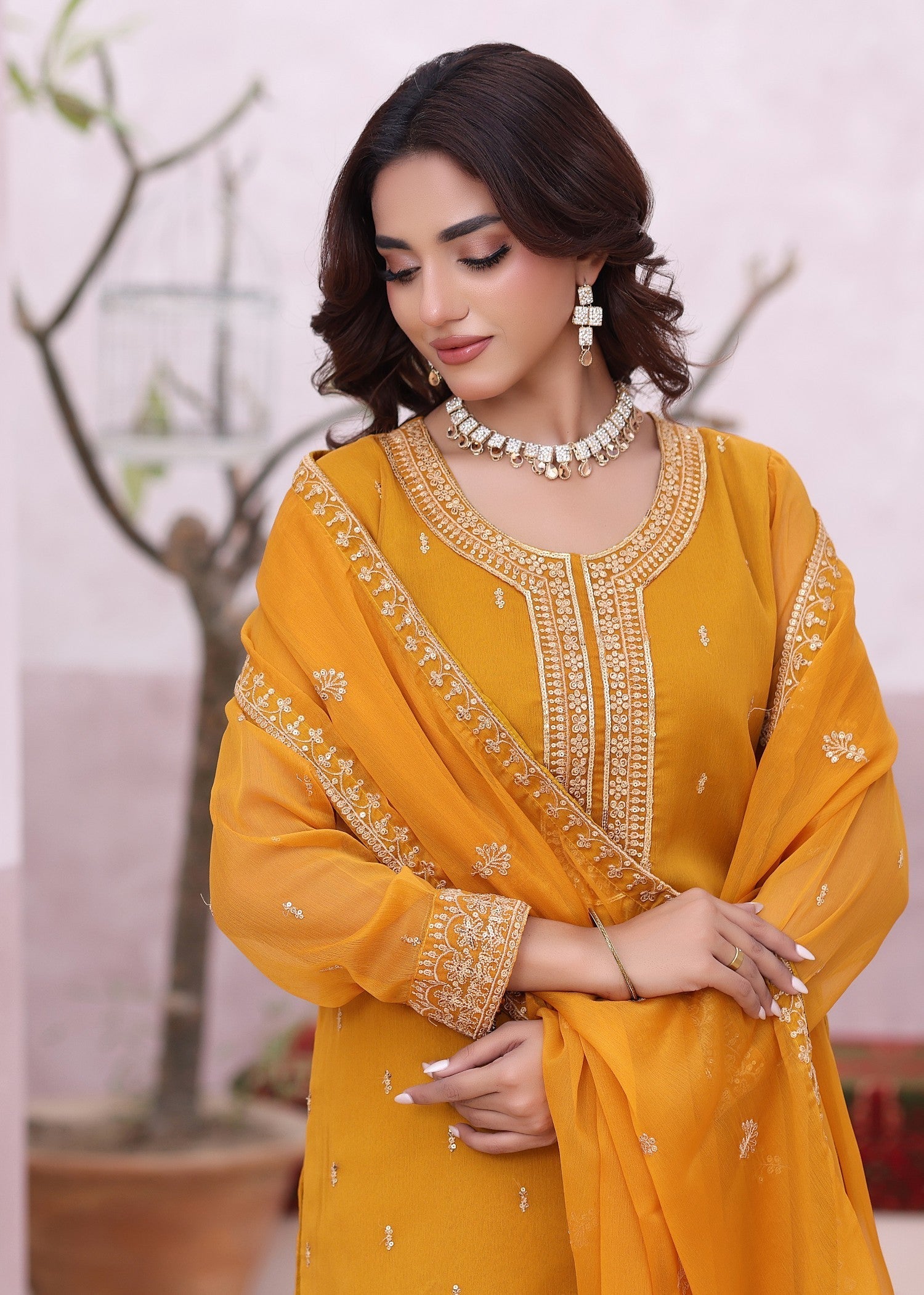 chiffon Kurta Set in Mustard