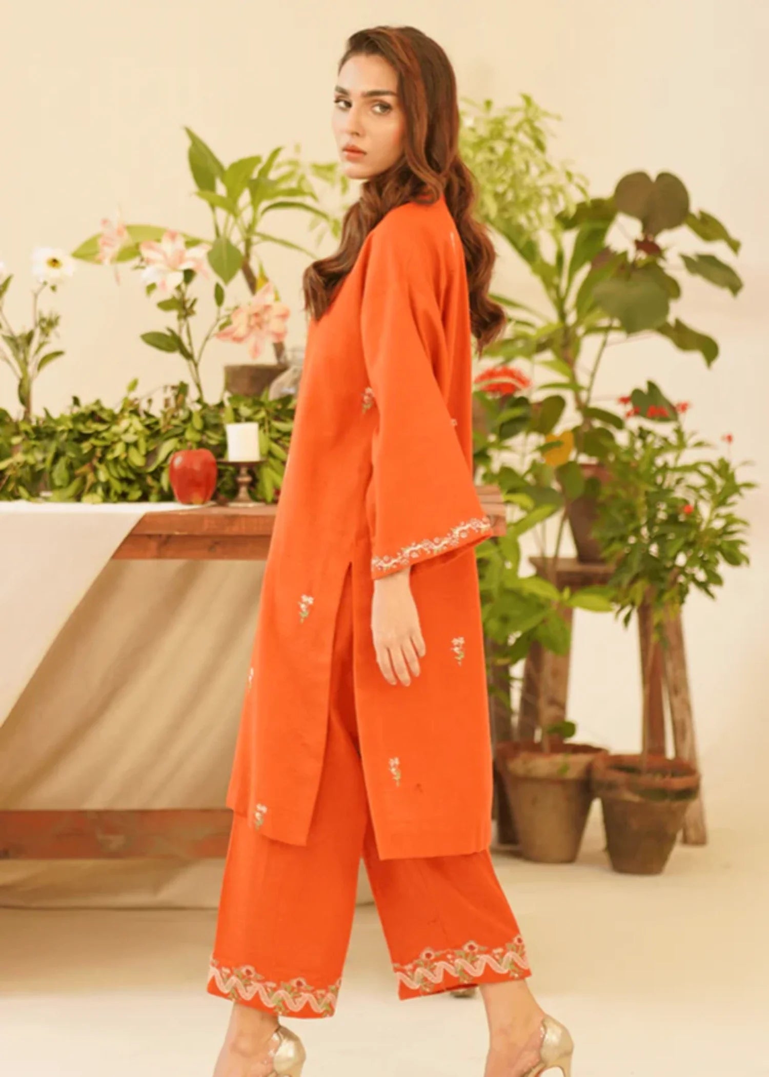 khaddar Kurta Set in Pumpkin orange