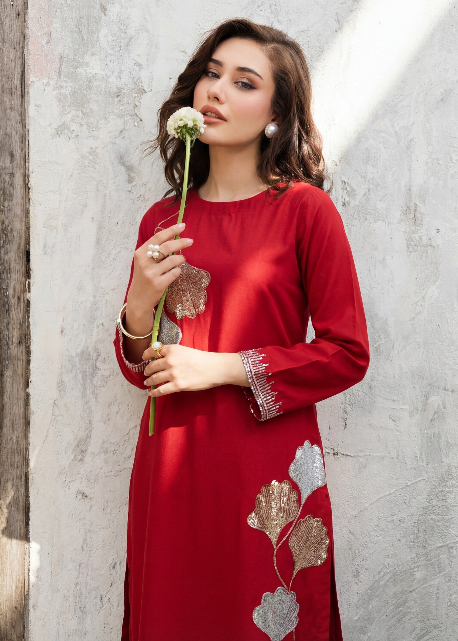 lawn Kurta Set in Cardinal red