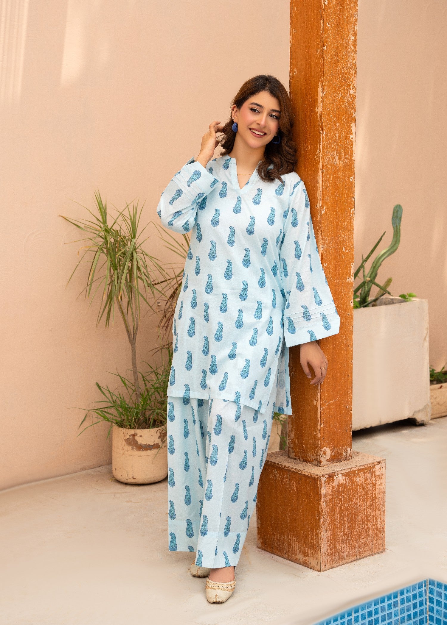 slub cambric Co Ord Sets in Blue lagoon