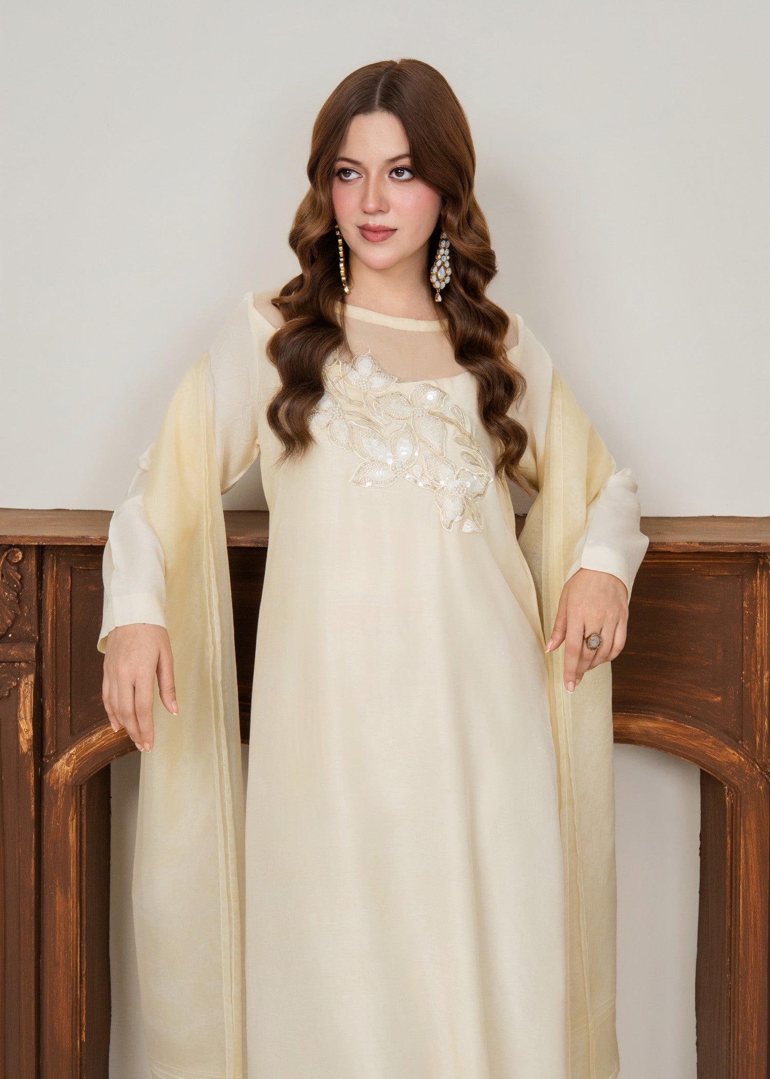 tussar silk Kaftan in Vanilla