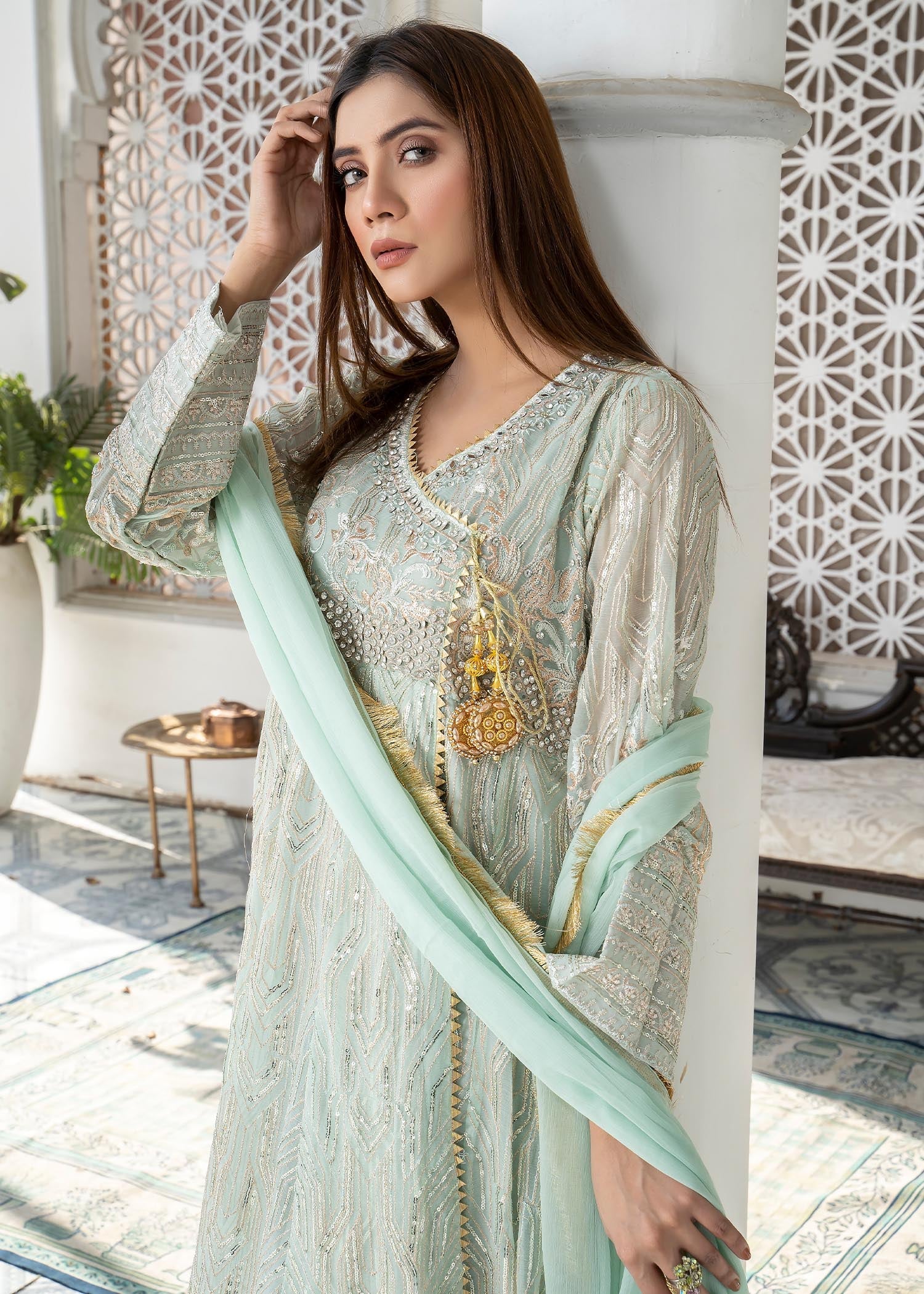 chiffon Angrakha in Aquamarine