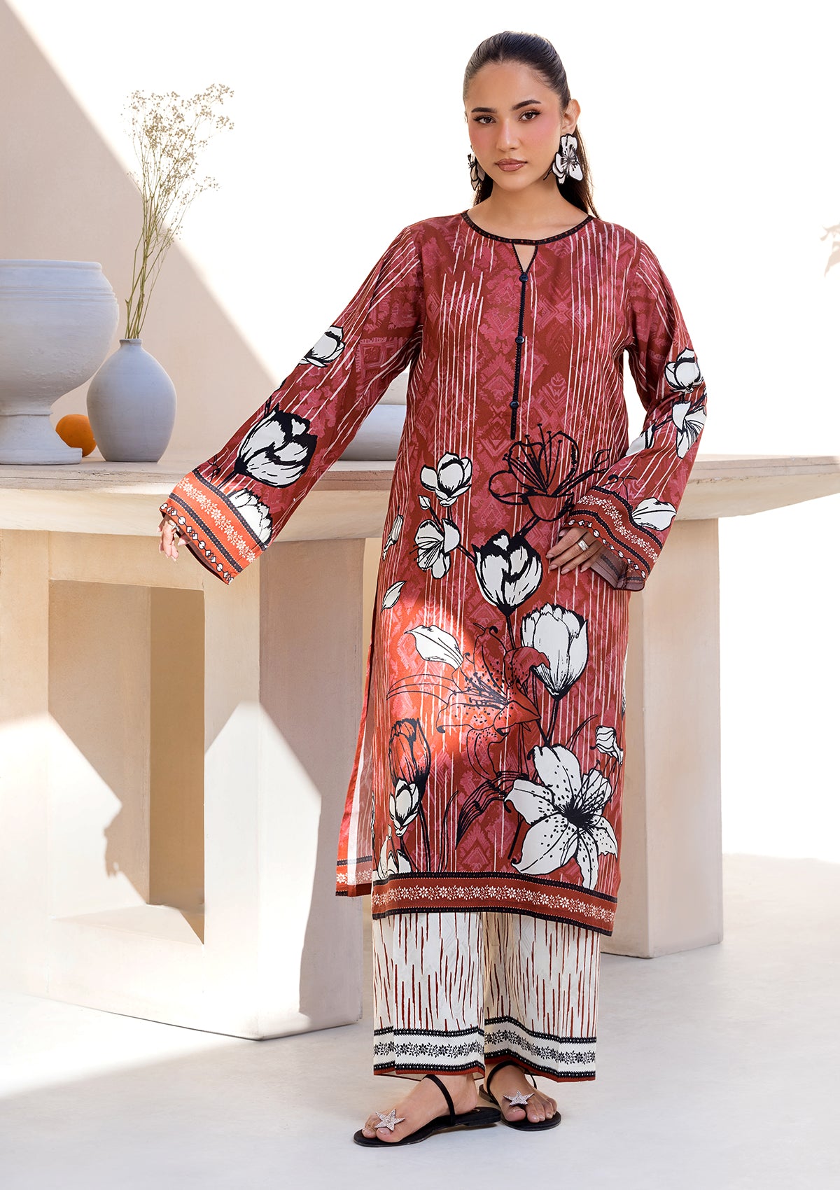 lawn Kurta Set in Rust red