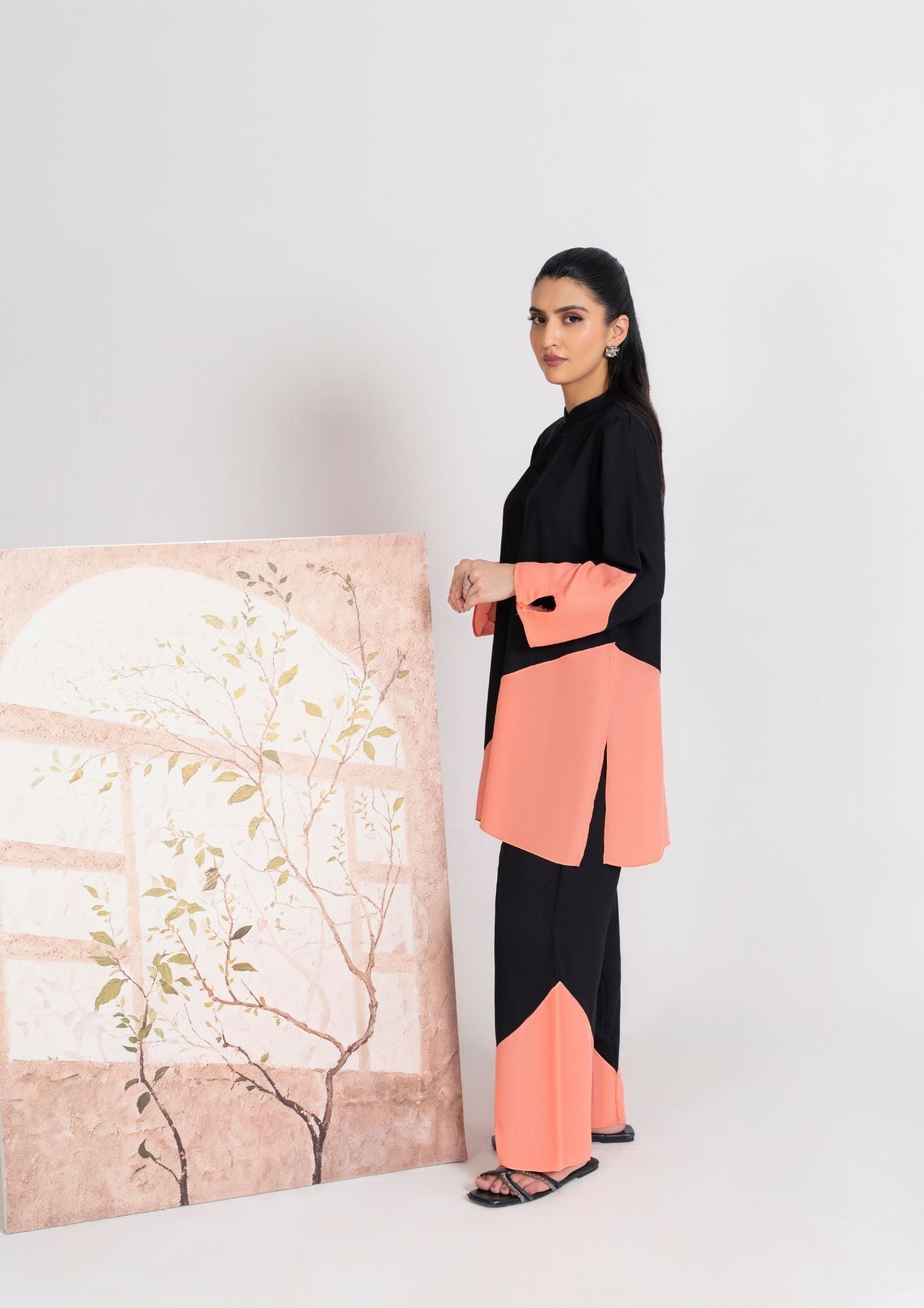 georgette Tunic in Black, peach orange