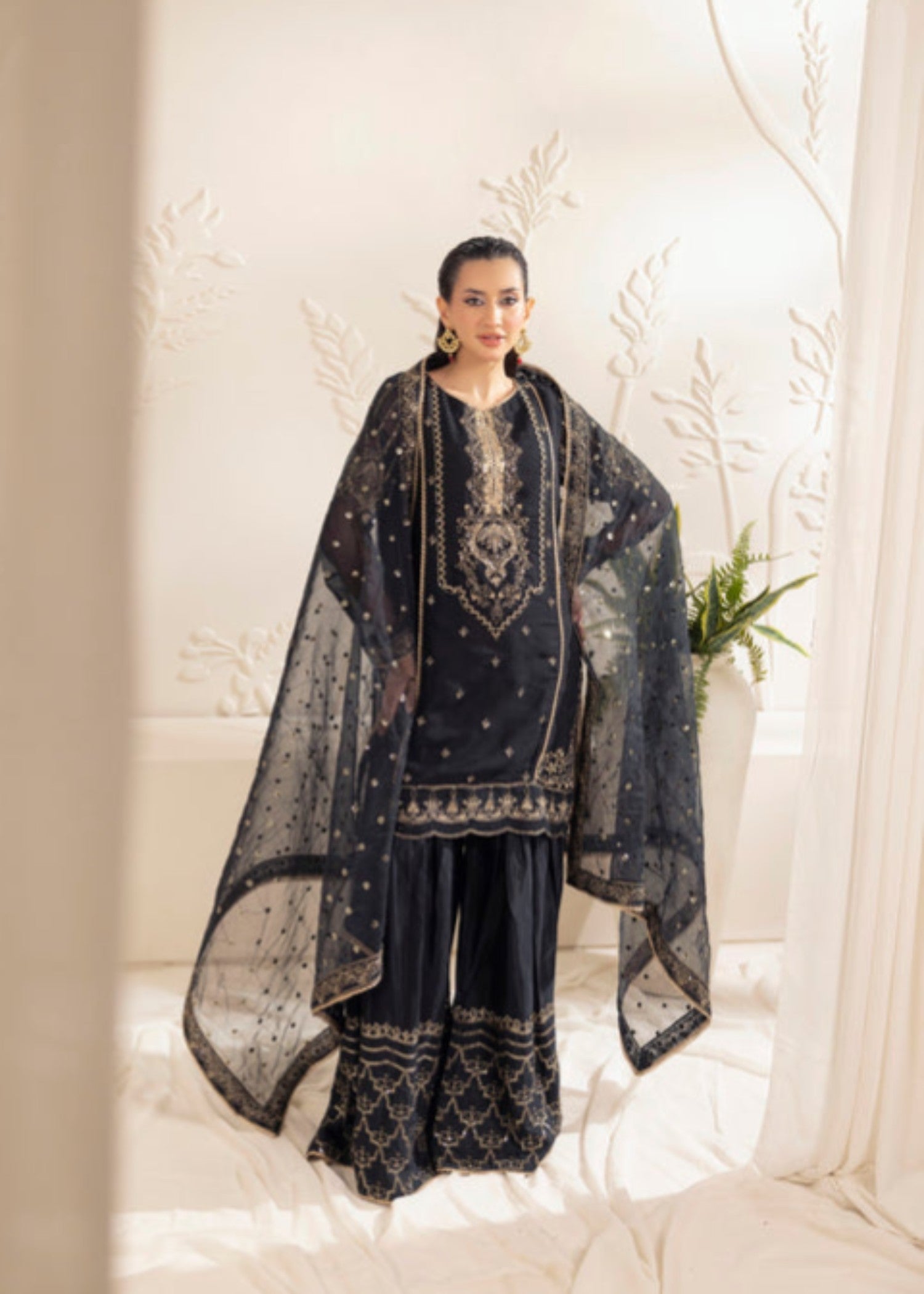 bemberg crinkle chiffon Gharara in Jet black