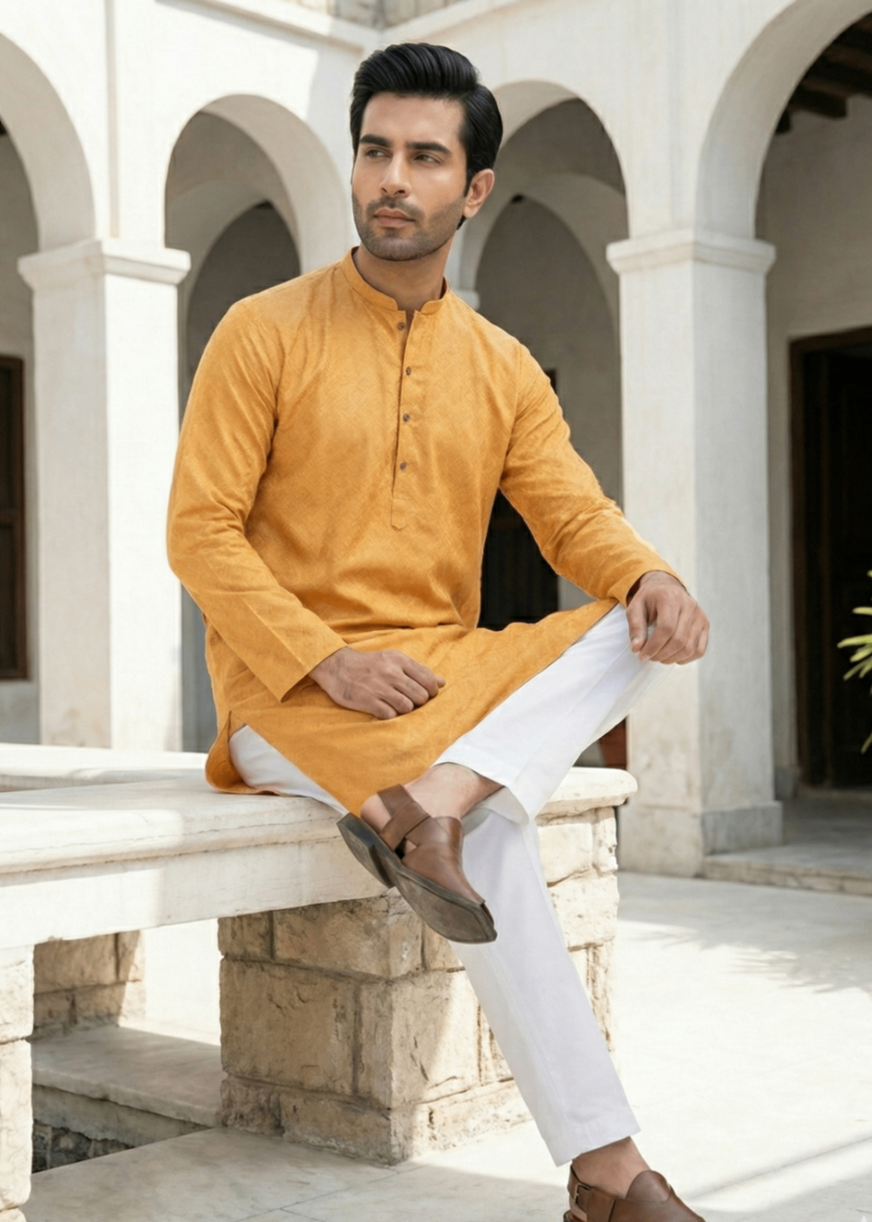 cotton jamawar Kurta in Mustard, yellow