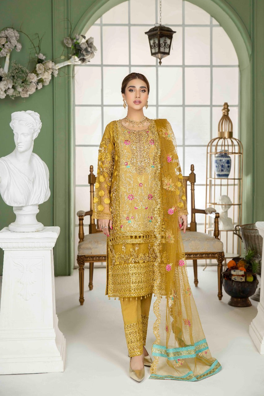 net Kurta Set in Bronze orange