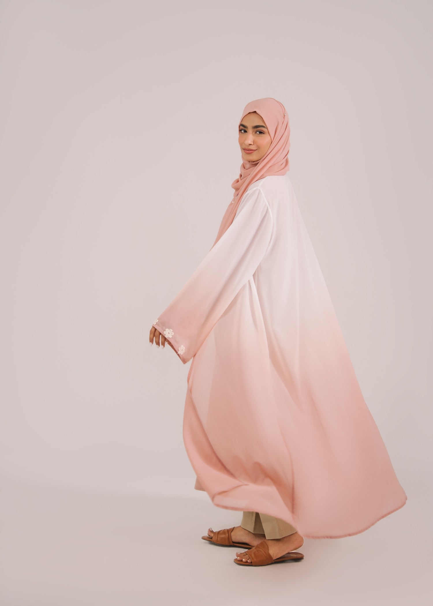crepe Abaya in White, pink sherbert