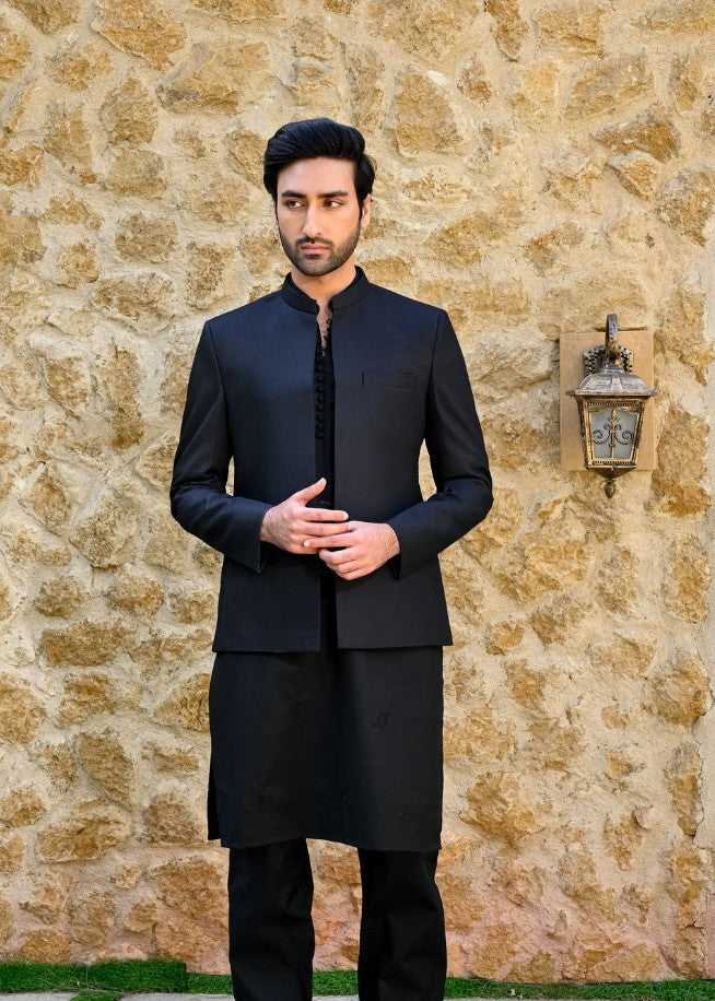 banarasi brocade Prince Coat in Black by HK Fashion