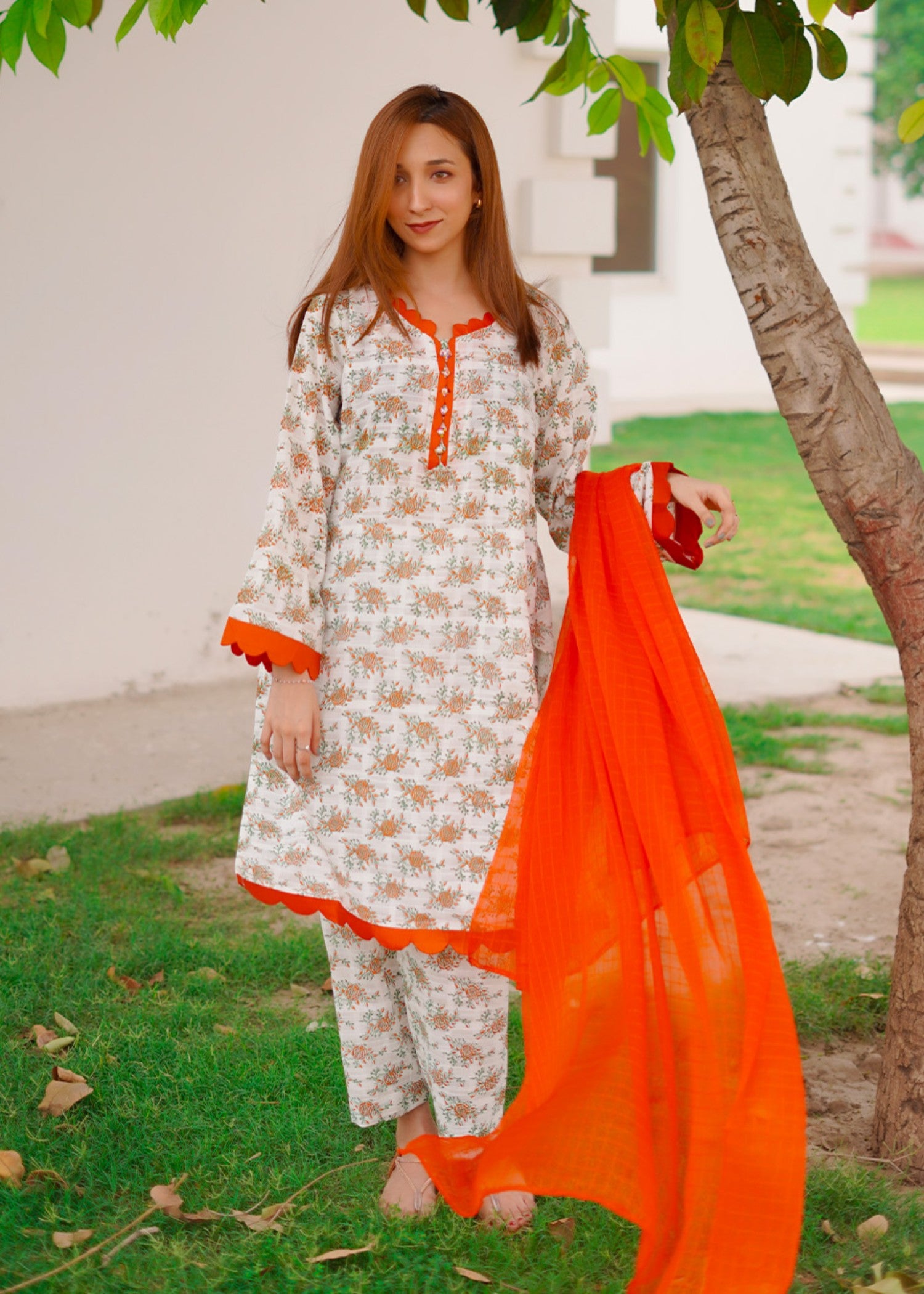dobby Co Ord Sets in Sunset orange, milk