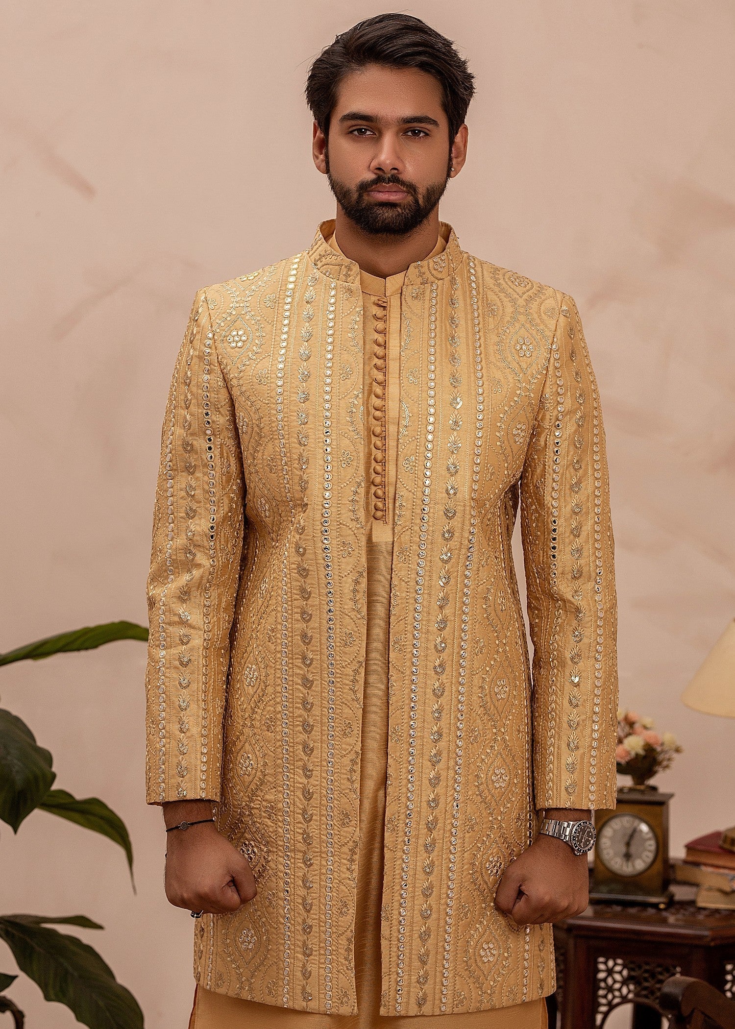 raw silk Sherwani in Gold
