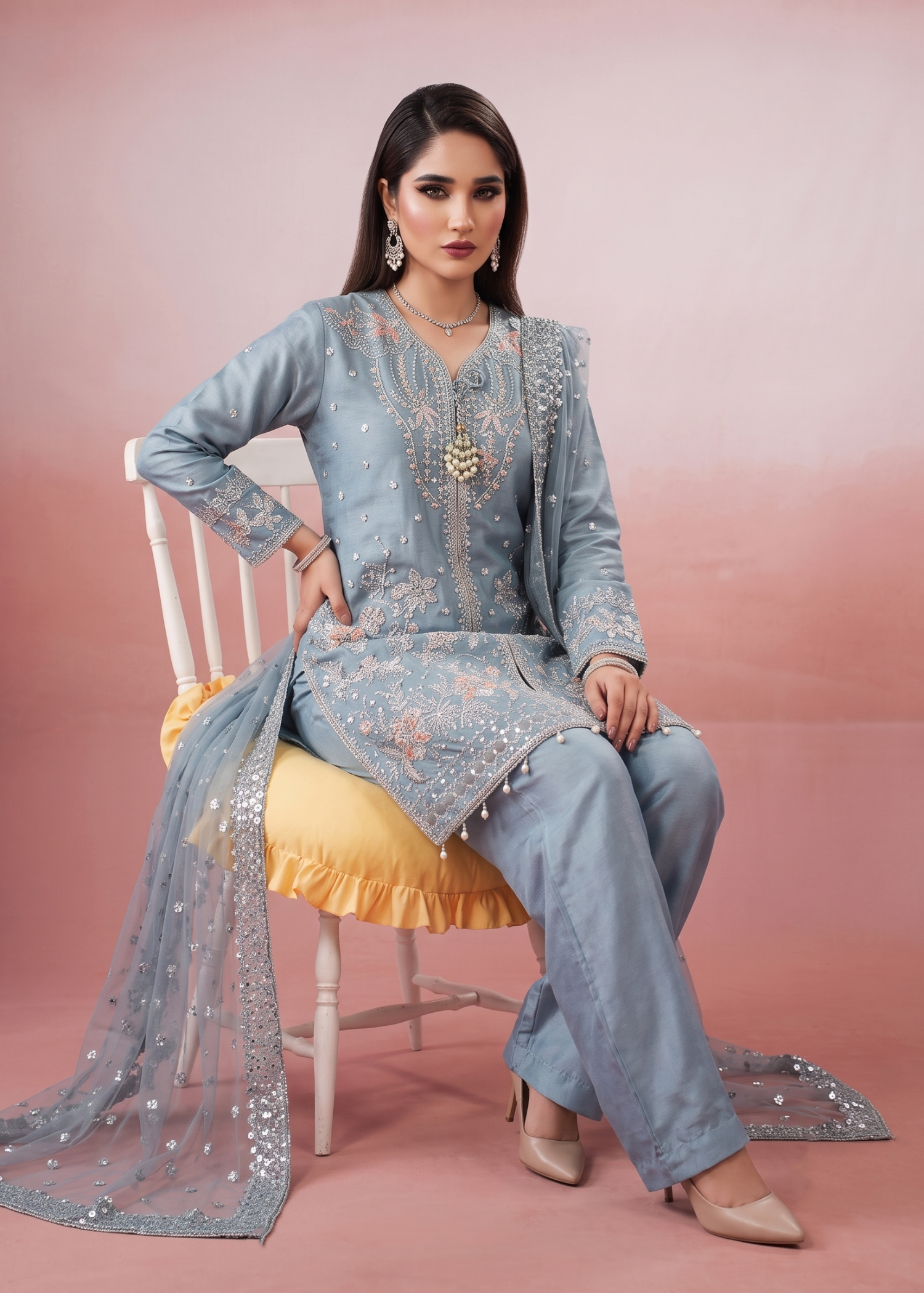 organza Kurta Set in Duck egg grey