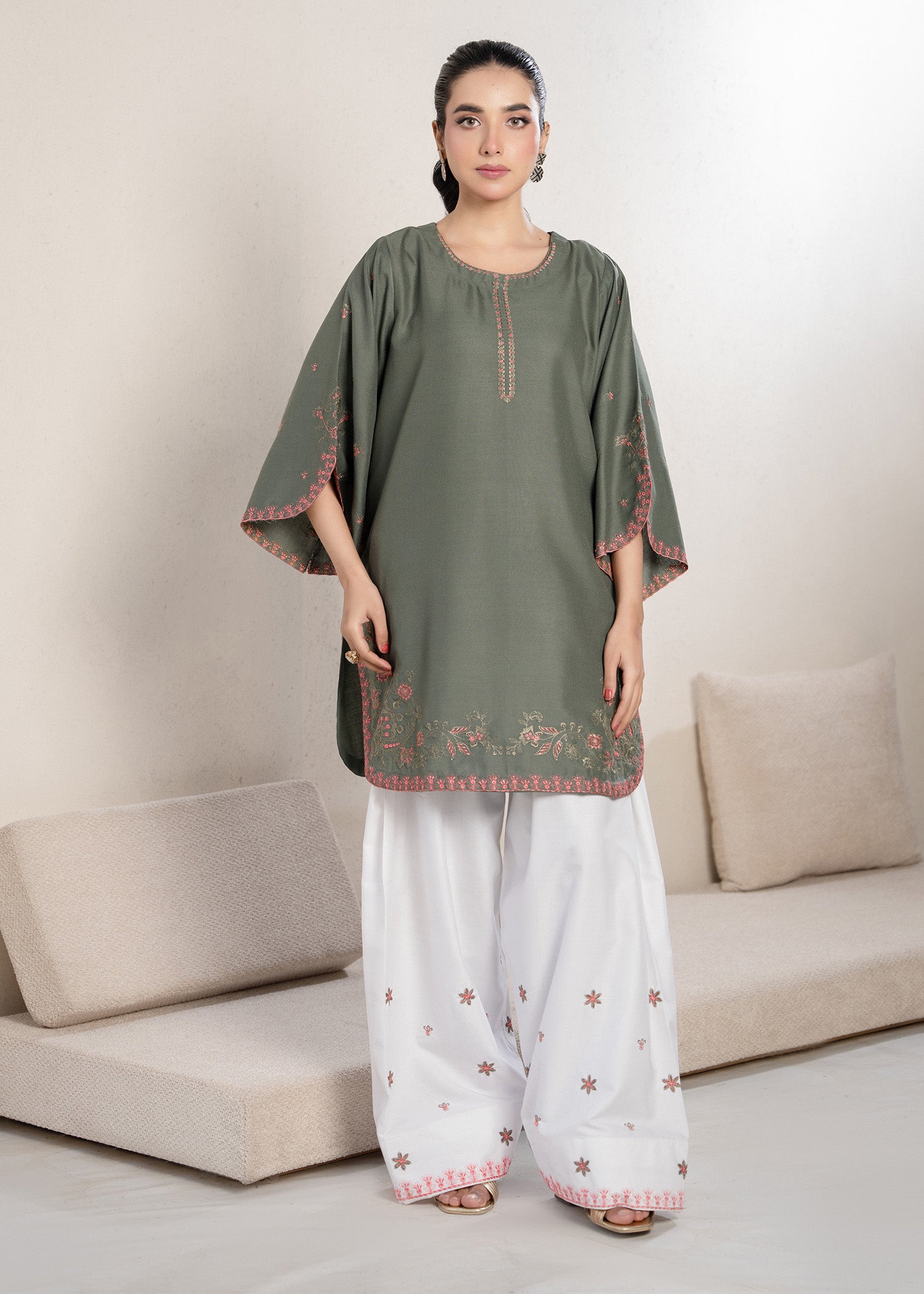 wool viscose Kurta Set in Moss green