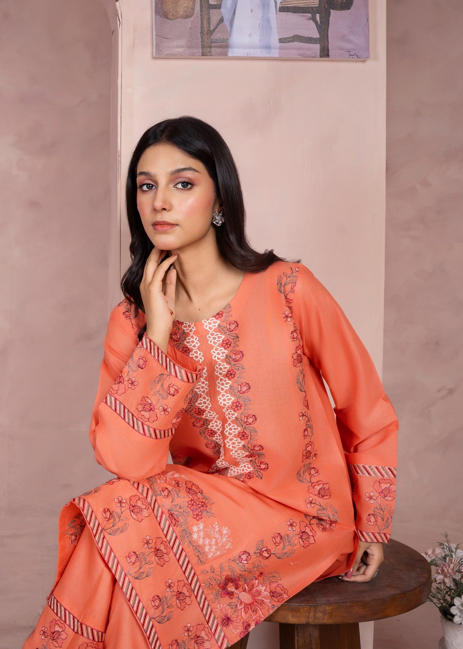 lawn Kurta Set in Coral pink