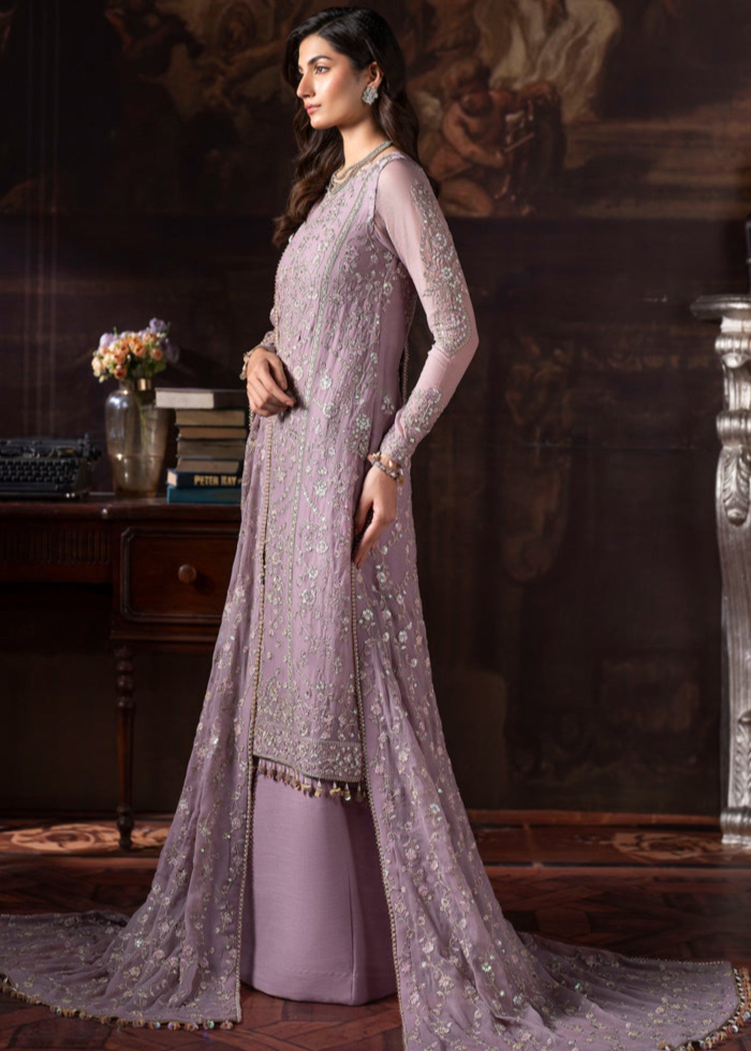 net Kurta Set in Lilac