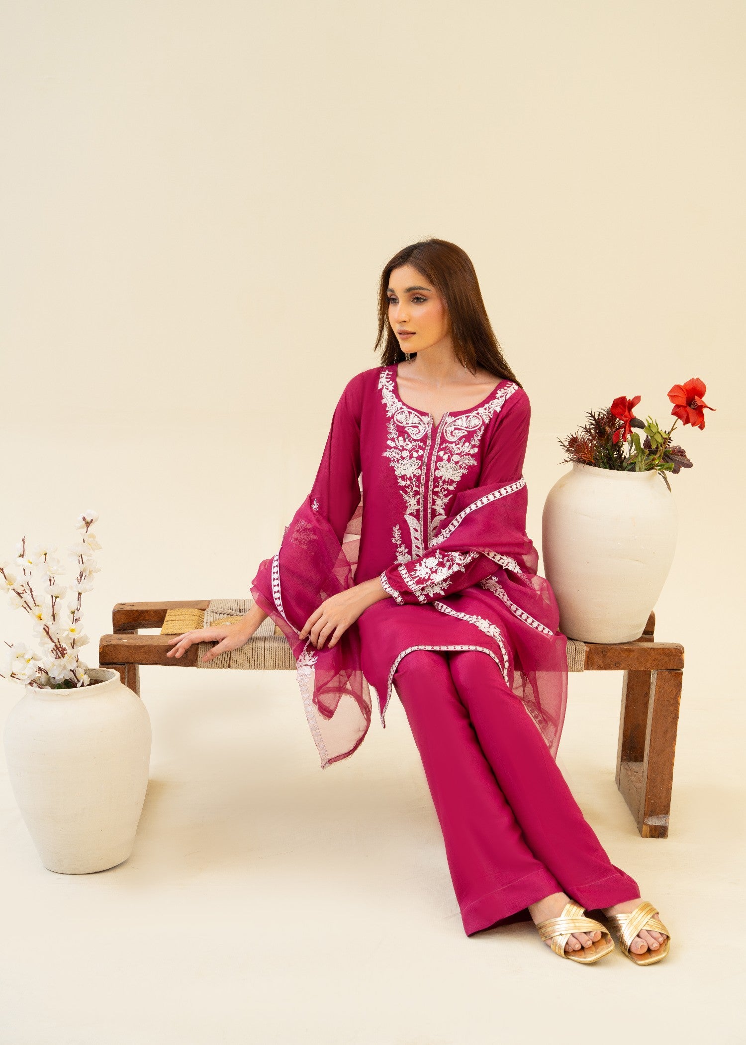 viscose raw silk Kurta Set in Burgundy