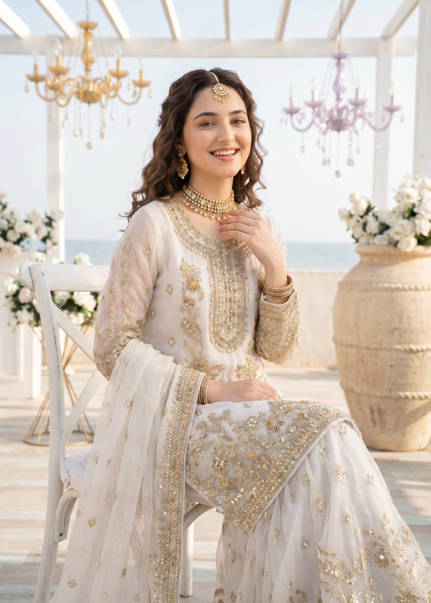 organza Gharara in Pearl white
