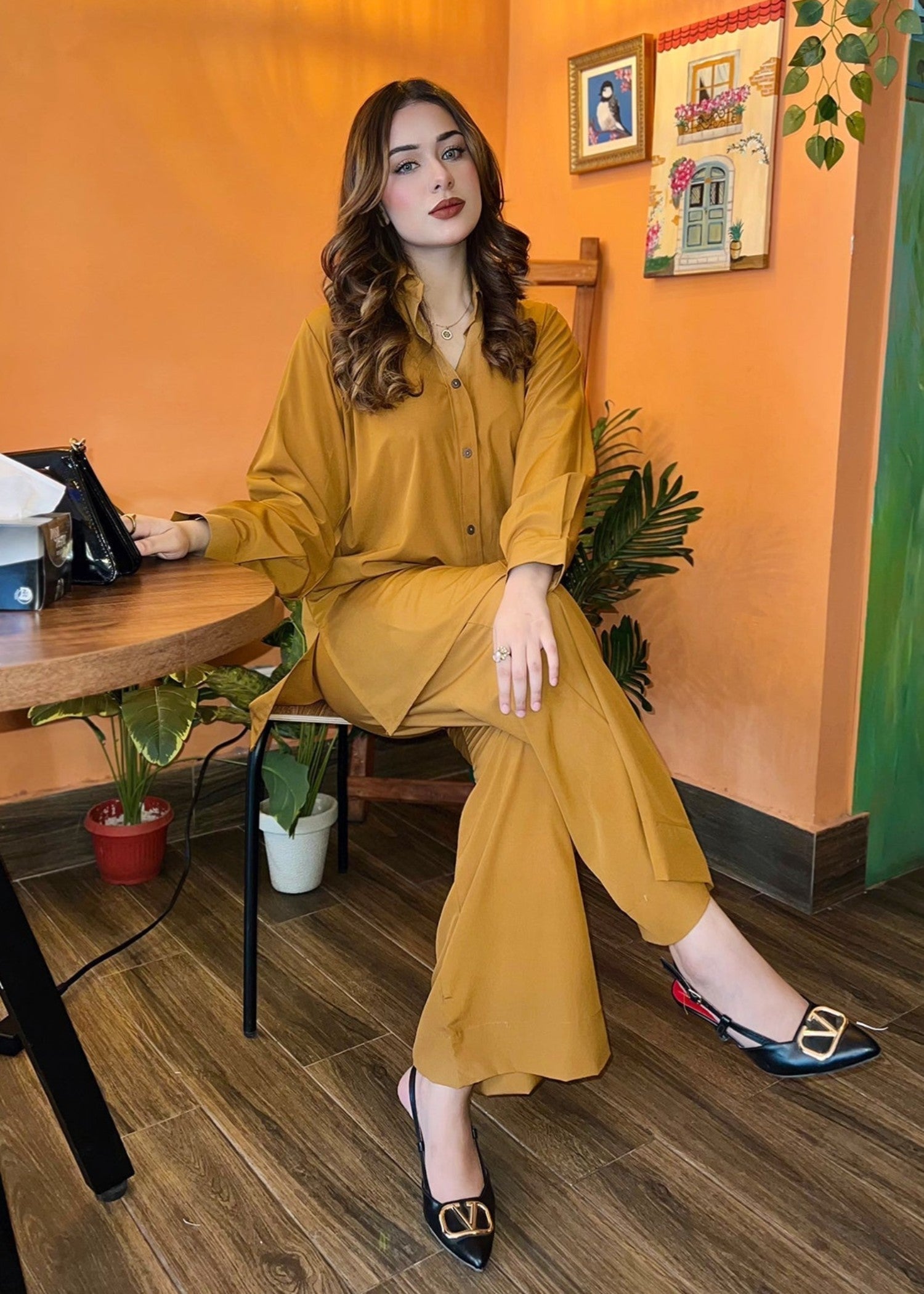 crepe Co ord Sets in Caramel brown